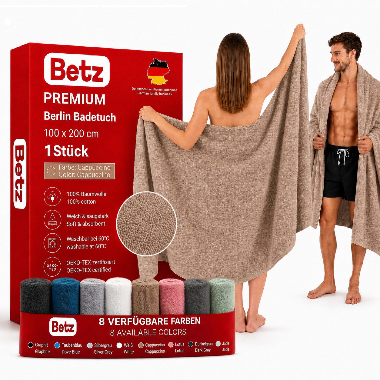 Betz Badetuch Berlin Größe 100 x 200 cm Saunatuch & Strandtuch 360 g/m², 100% Baumwolle (1 Stück, 1-St), saugstark & weich – großes Handtuch mit Aufhänger – Serie Berlin