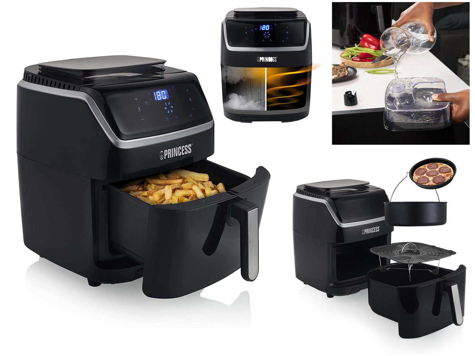 PRINCESS Heißluftfritteuse, 1700 W, 2in1 Dampfgarer & 6,5L Fritöse mit Dampf-Rack, Backform & Pizzapfanne