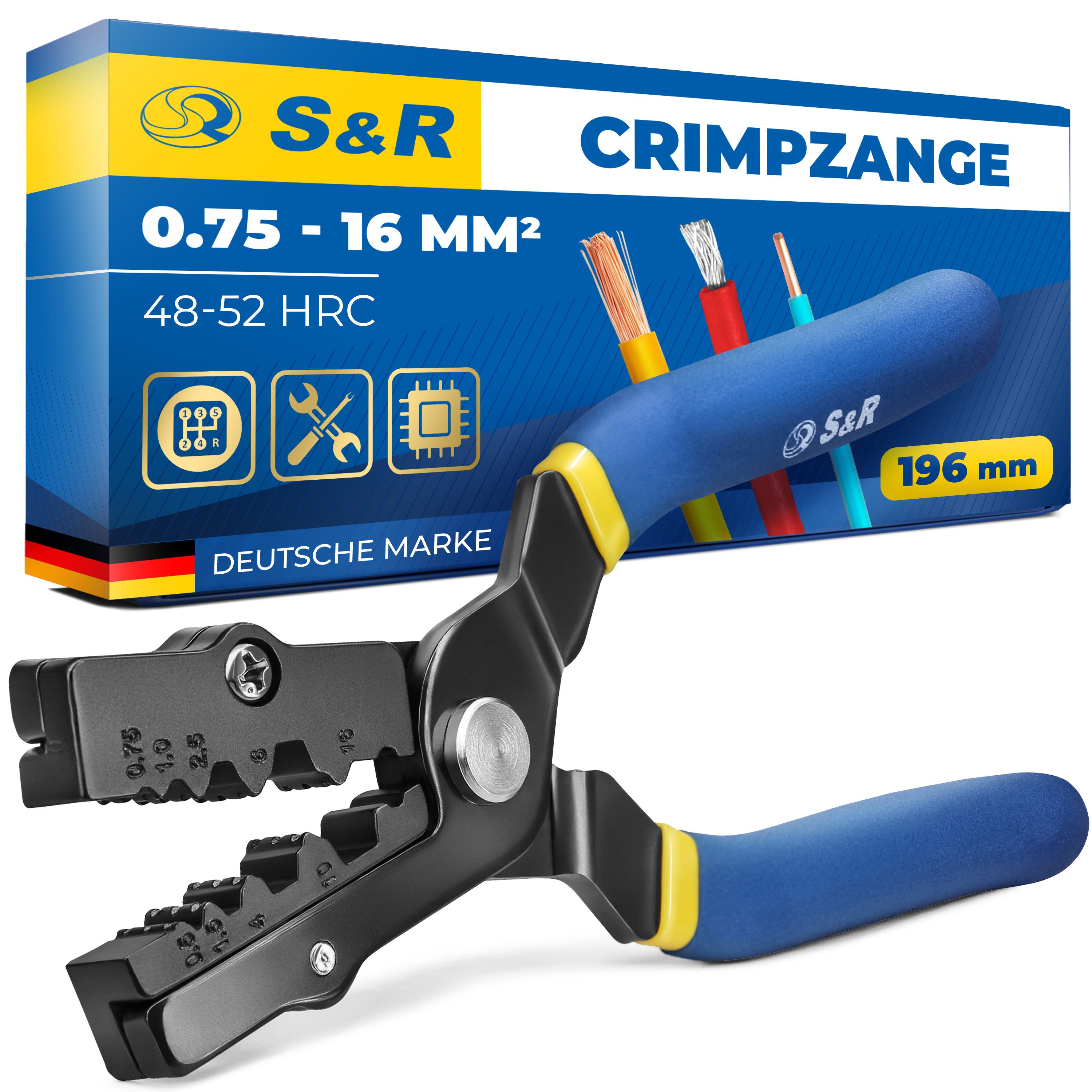 S&R Crimpzange Kabelschuh-Presszange für Aderendhülsen 0.75-16mm² Quetschzange, 1-tlg., Klemmzange Handpresszange 190mm