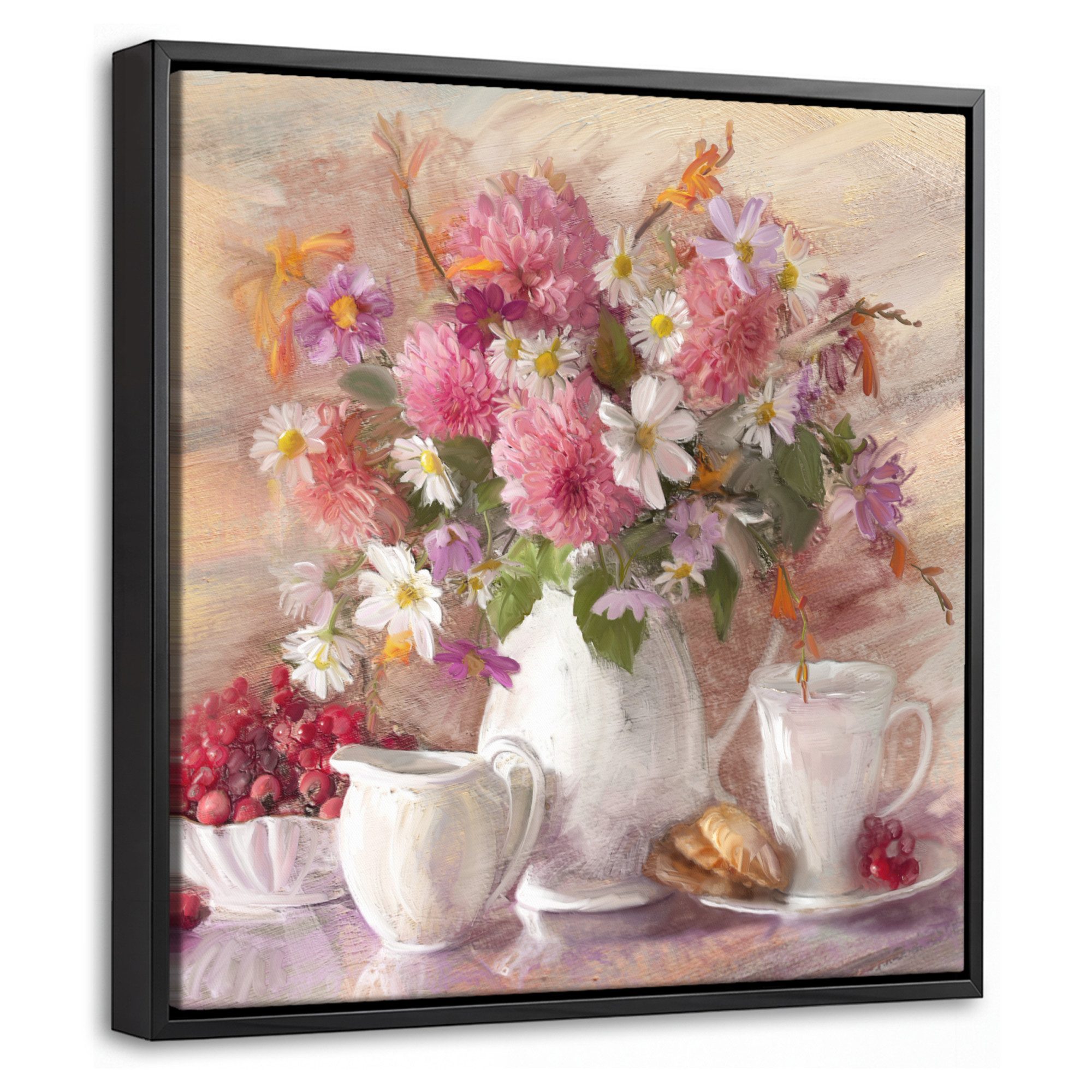OneMillionCanvasses® Leinwandbild mit Rahmen - Kunstdrucke - Blumen - Vase - Ölfarbe, Fotodruck (1 St), Vintage Deko Bilder Wohnzimmer, Wanddeko Retro, 20x20cm