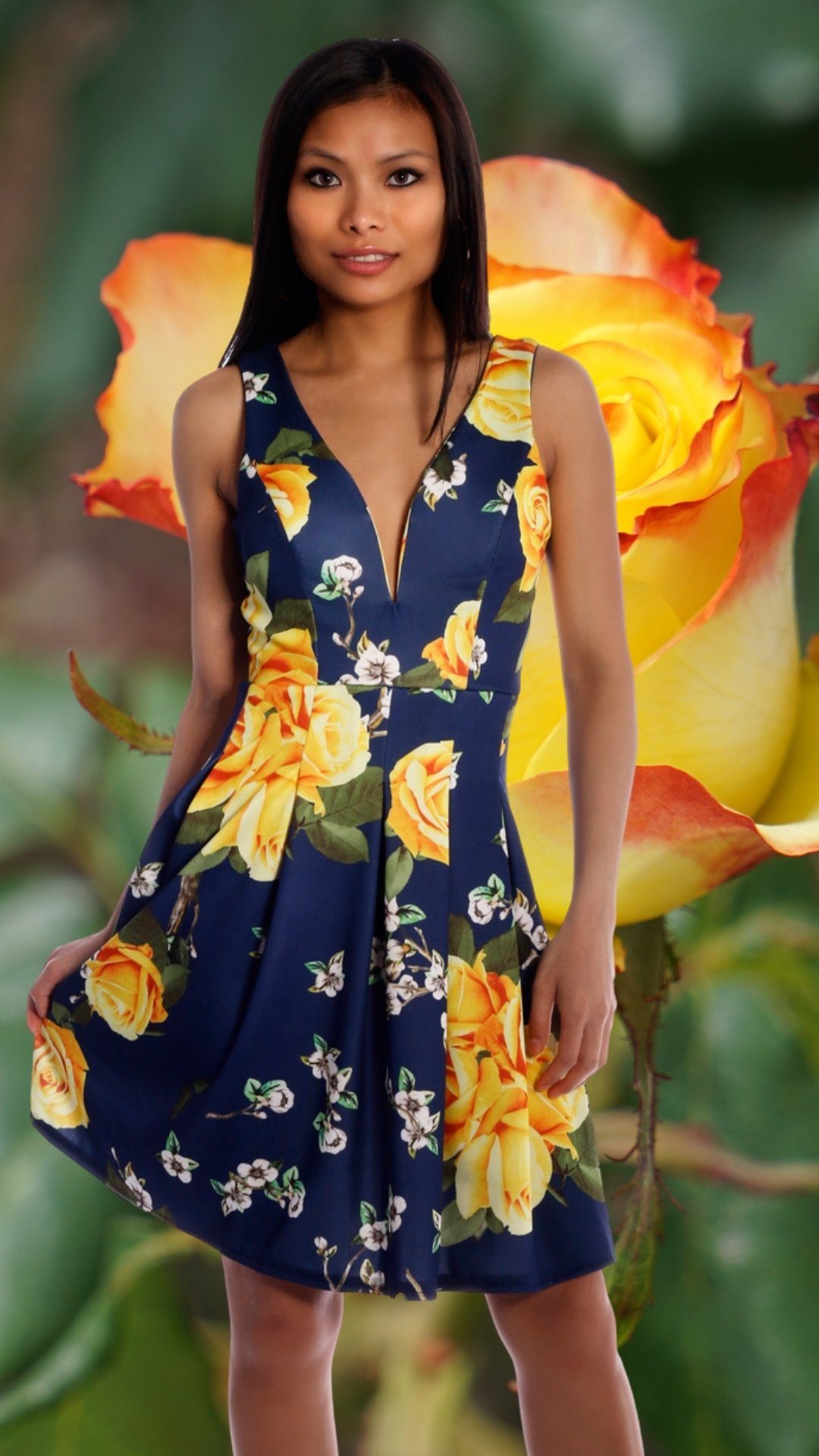 Charis Moda Sommerkleid Trägerkleid "Rosa Gialla" mit Pushup Bügel Dekolleté