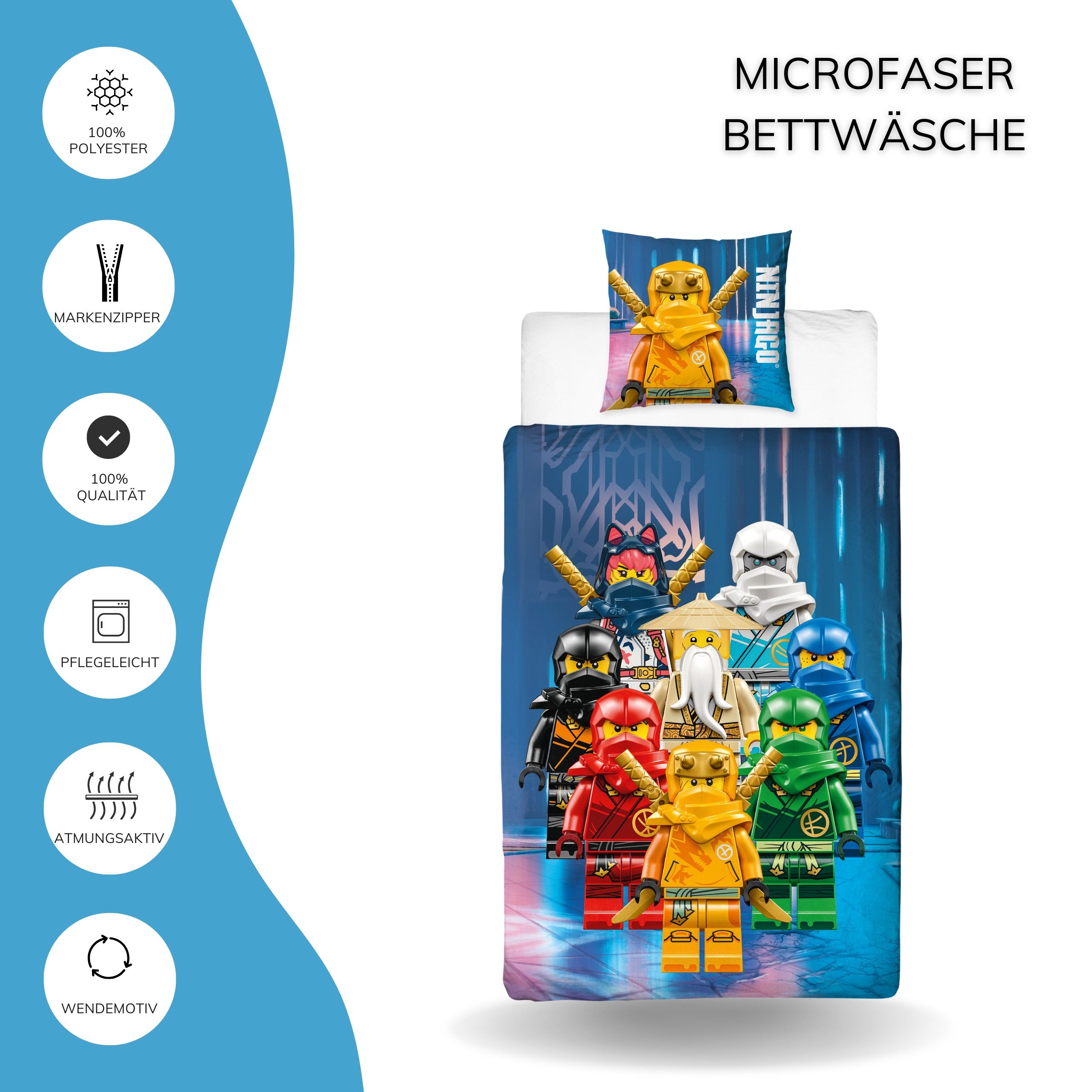 MTOnlinehandel Bettwäsche Lego Ninjago Team Power, 135x200 + 80x80 cm, episch und farbenfroh, 100% Polyester, 2 teilig, Geschenk für Jungen und Mädchen – Bild 5 von 5