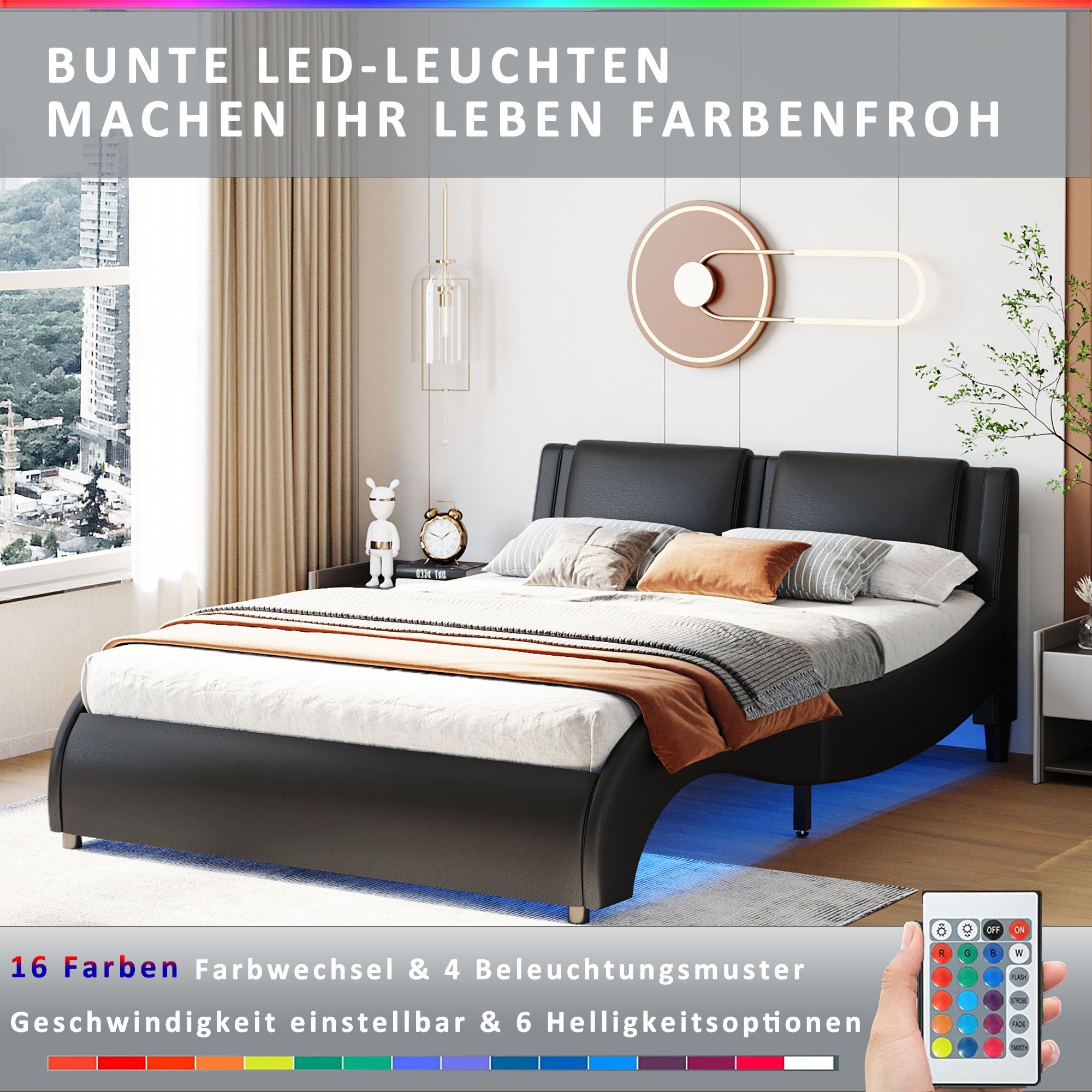 Schwarz Flieks Bogendesign Polsterbett, Beleuchtung LED mit 140x200cm Kunstleder Doppelbett