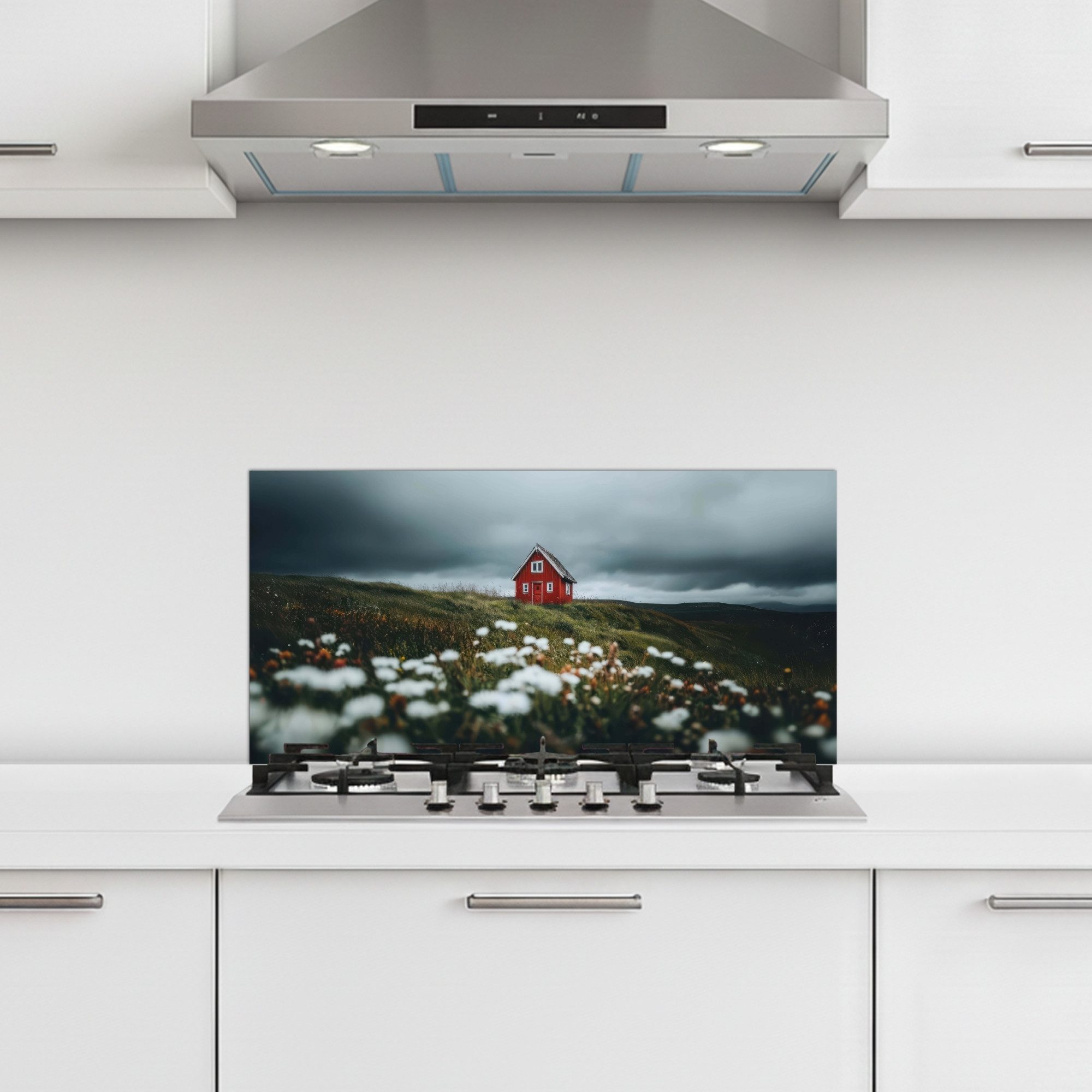 KitchenYeah Küchenrückwand selbstklebend (keine Folie) Hügel - Landhaus - Blumen - Weiß, (1-tlg), Spritzschutz Herd Wand, Küchen Deko, 70x30 cm