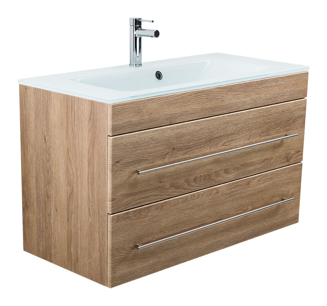 Thumbnail - Magnolia Home Waschtisch Badmöbel Vitro 1000 mit Glaswaschbecken SoftClose eiche hell