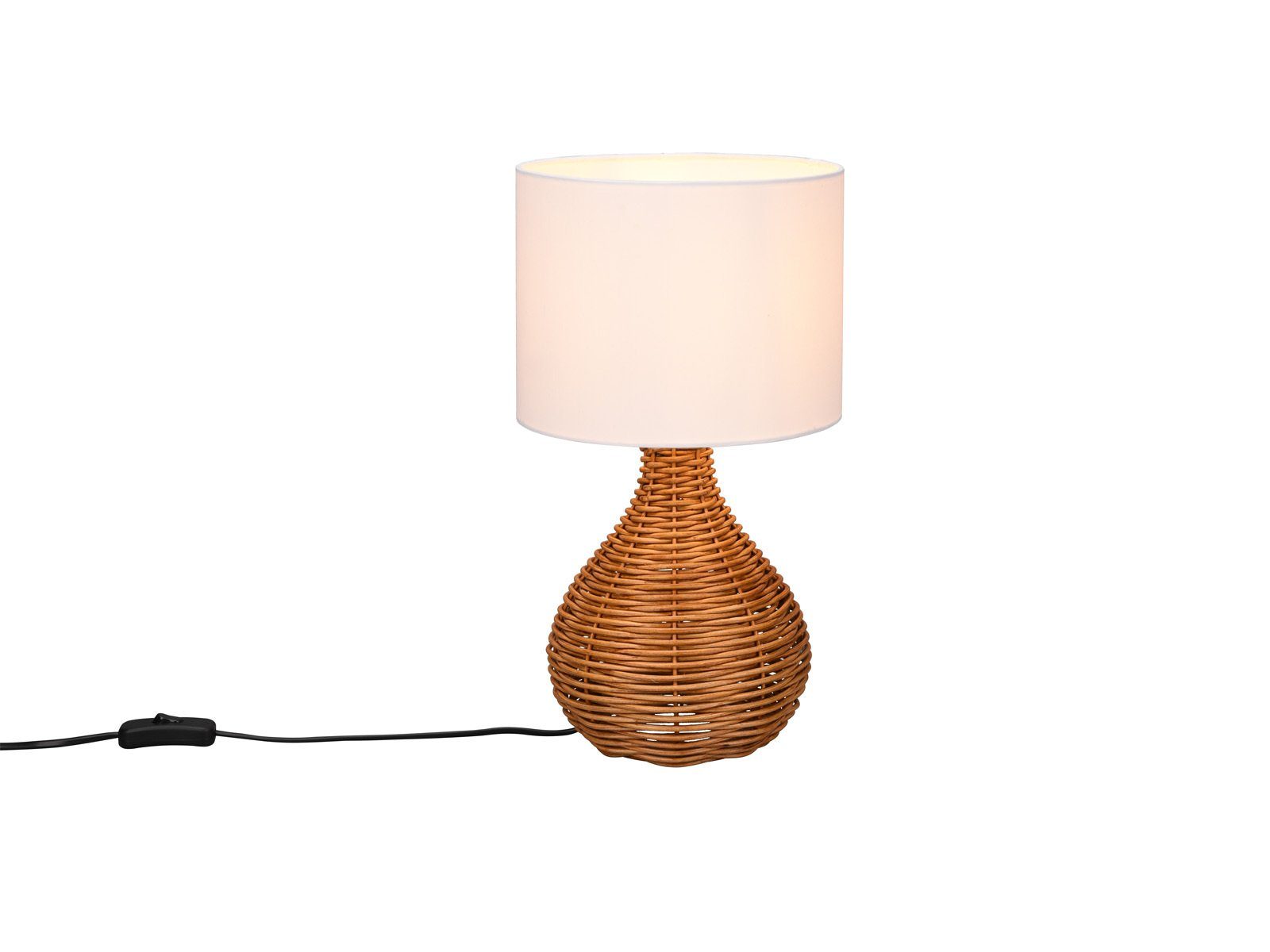 Reality Leuchten LED Tischleuchte, Dimmfunktion, LED wechselbar, in 3 Stufen dimmbar über Schnurschalter, warmweiß, große Boho Rattan-Lampe mit Stoffschirm, Höhe 40cm
