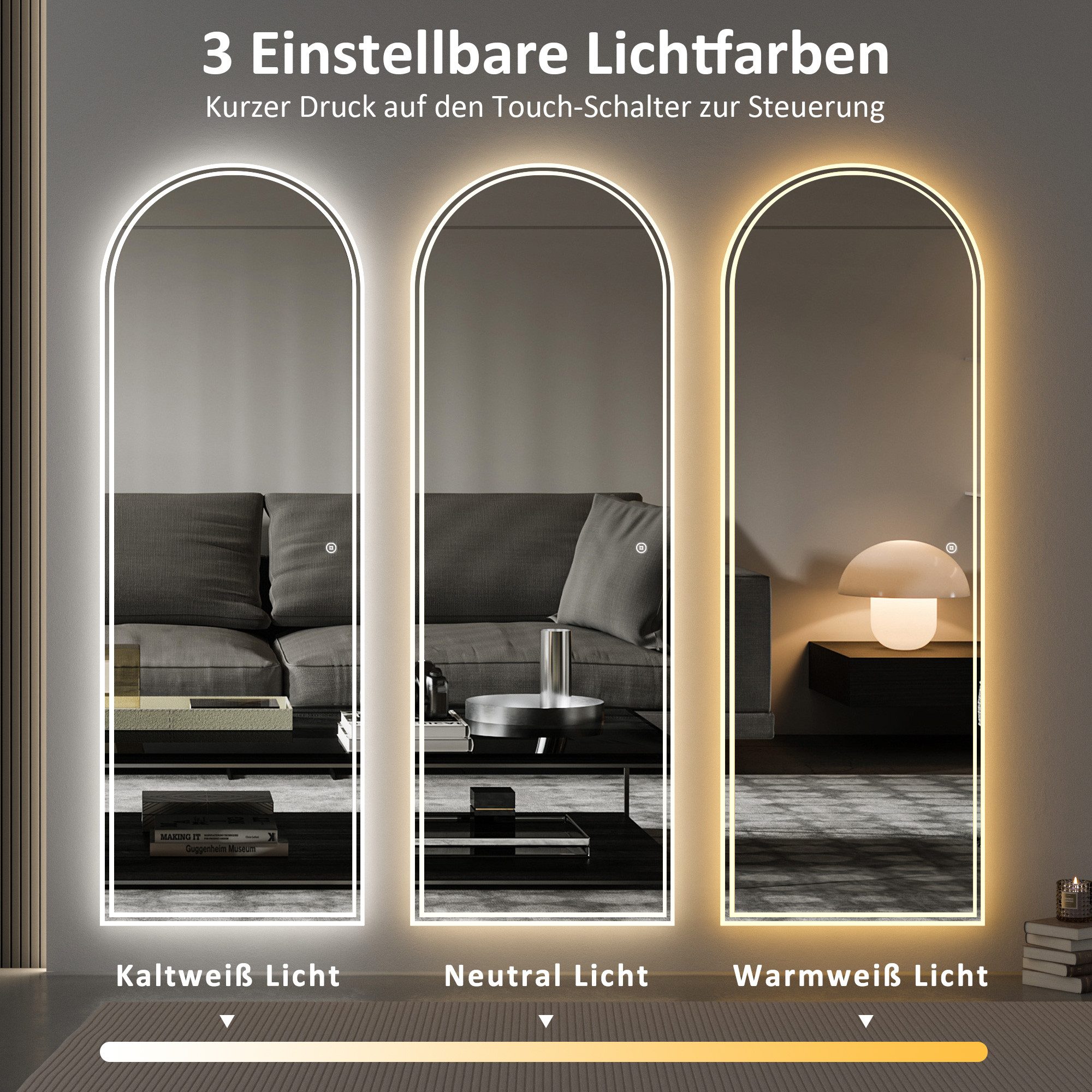 WDWRITTI Ganzkörperspiegel ohne rahmen 165x60cm LED Ganzkörperspiegel groß Flurspiegel Modern (Wandspiegel mit beleuchtung groß, Dimmbar, Kalt/Neutral/Warmweiß, Memory-Funktion), für Wohnzimmer Schlafzimmer Garderobe Flur Friseurladen