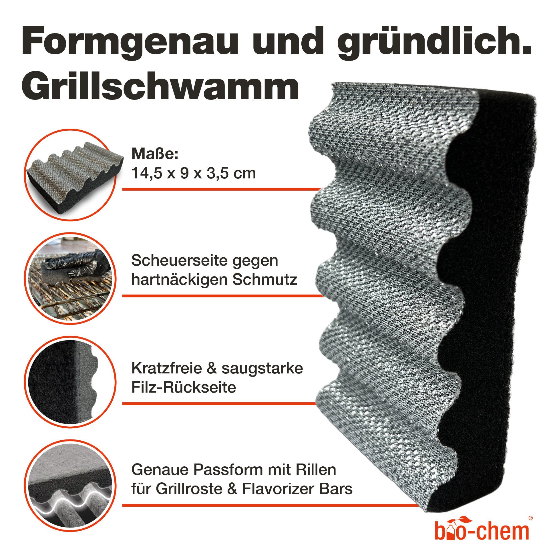 bio-chem Grillbürste, Gasgrill, Grillrost, Holzkohlegrill, Kugelgrill, 3-facher Bürstenkopf & ergonomischer Griff