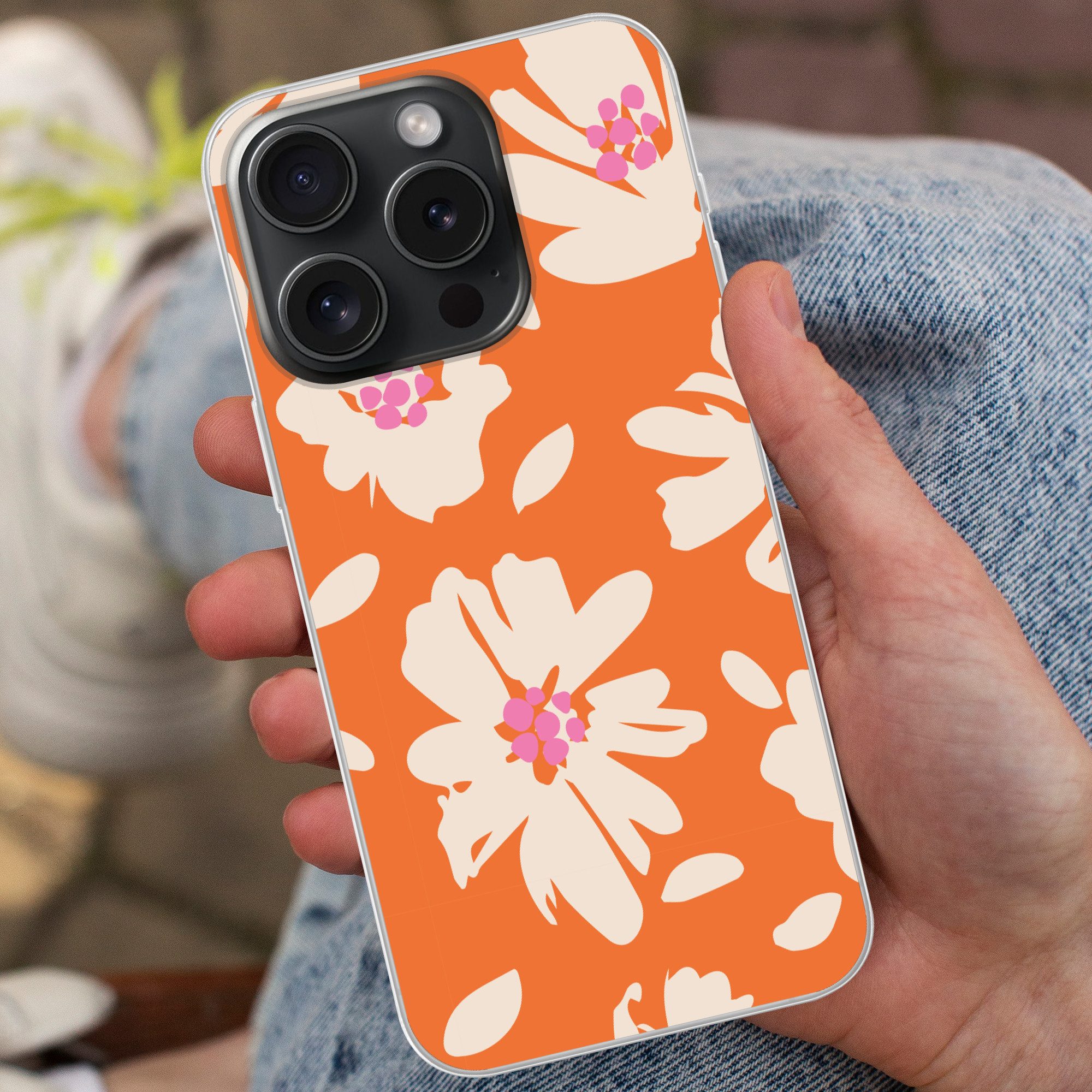 MuchoWow Handyhülle für Apple iPhone 15 Pro Blumen - Orange - Beige - Rosa - Abstrakt, Smartphone-Bumper, Print, Handy Schutzhülle Dünn
