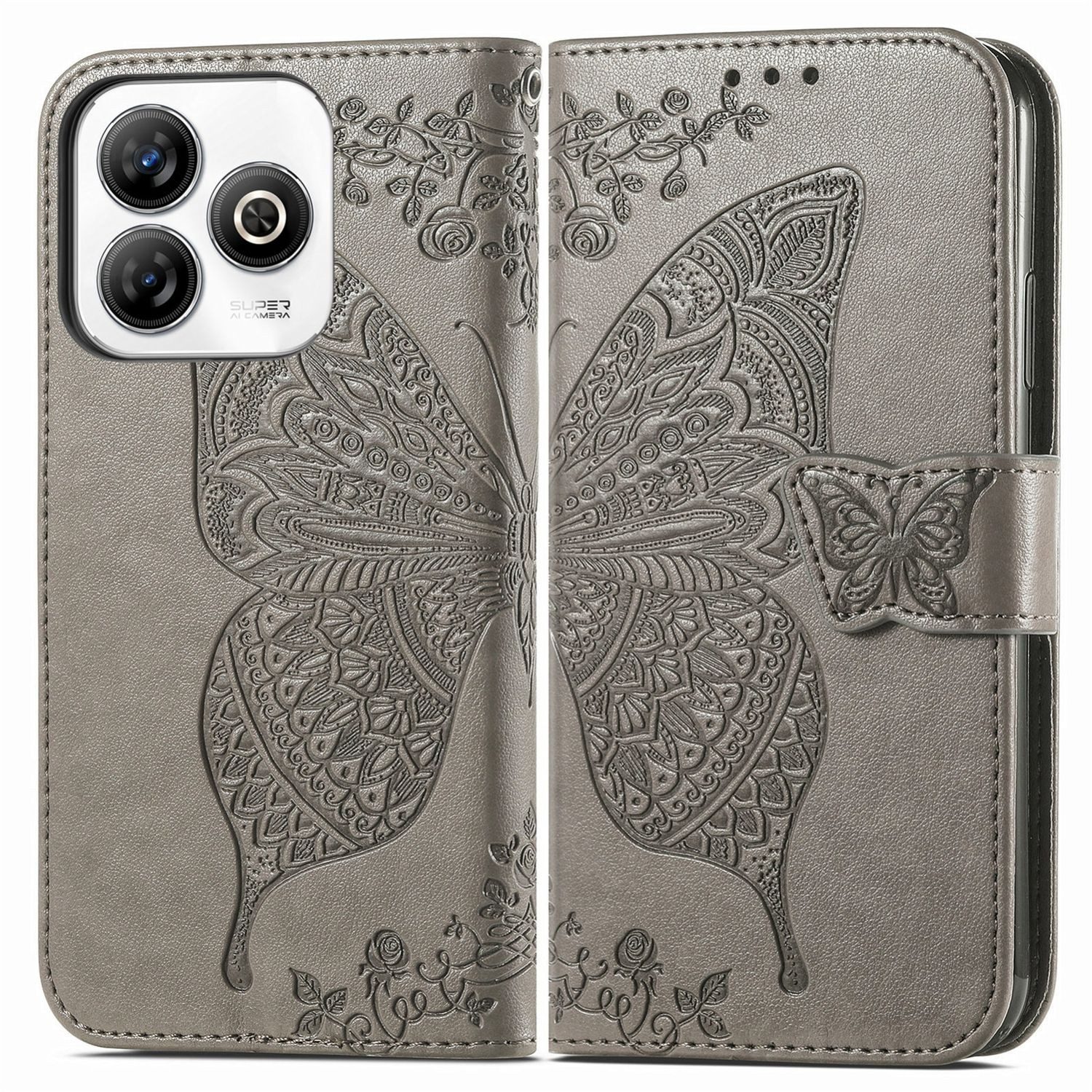 Wigento Smartphone-Hülle Für ZTE Blade A75 4G Kunstleder Schmetterling Wallet Hülle Tasche Grau, Kunst-Leder Schutzhülle Smart Case Cover magnetischer Verschluss