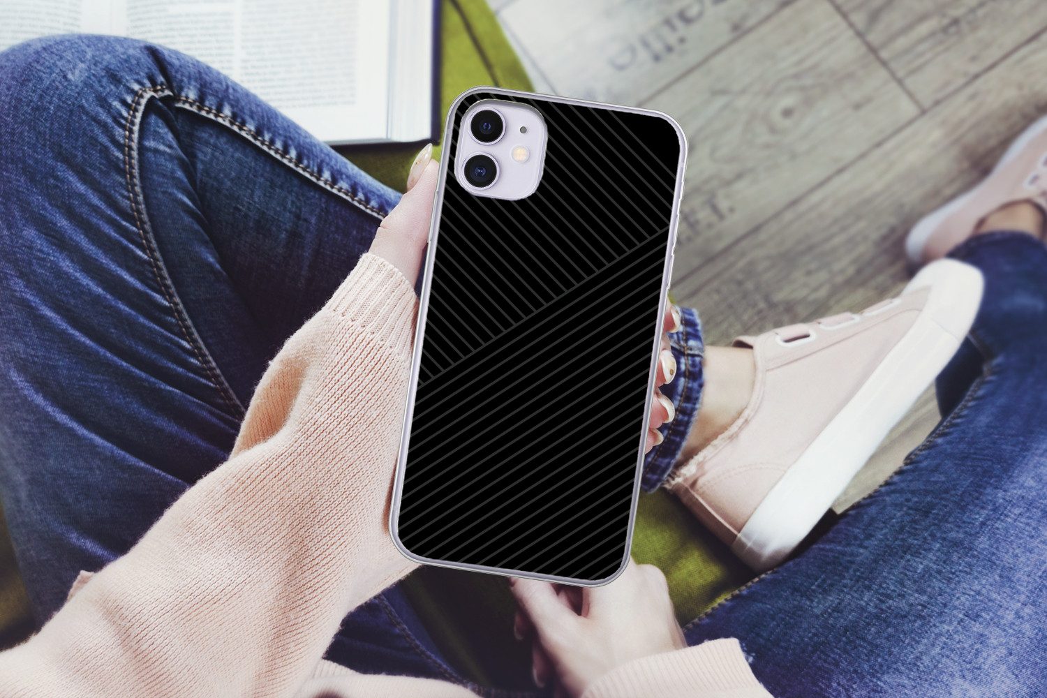 MuchoWow Handyhülle für Apple iPhone 11 Linien - Abstrakt - Schwarz - Grau - Minimalistisc, Smartphone-Bumper, Print, Handy Schutzhülle Dünn
