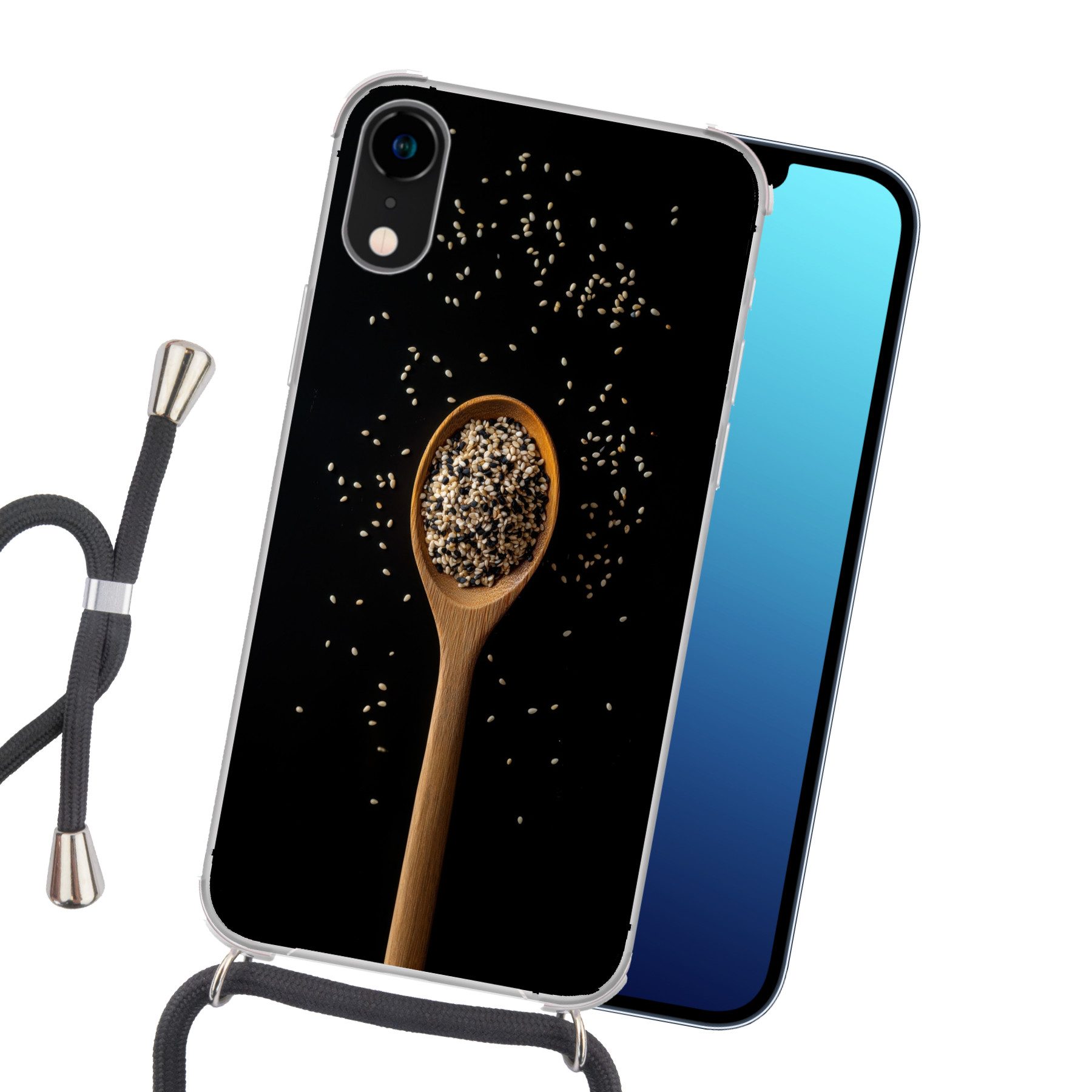 MuchoWow Handyhülle für Apple iPhone XR Sesam - Löffel - Schwarz, Tragbare Handyhüllen mit Kette zum umhängen, Handykette Handyband