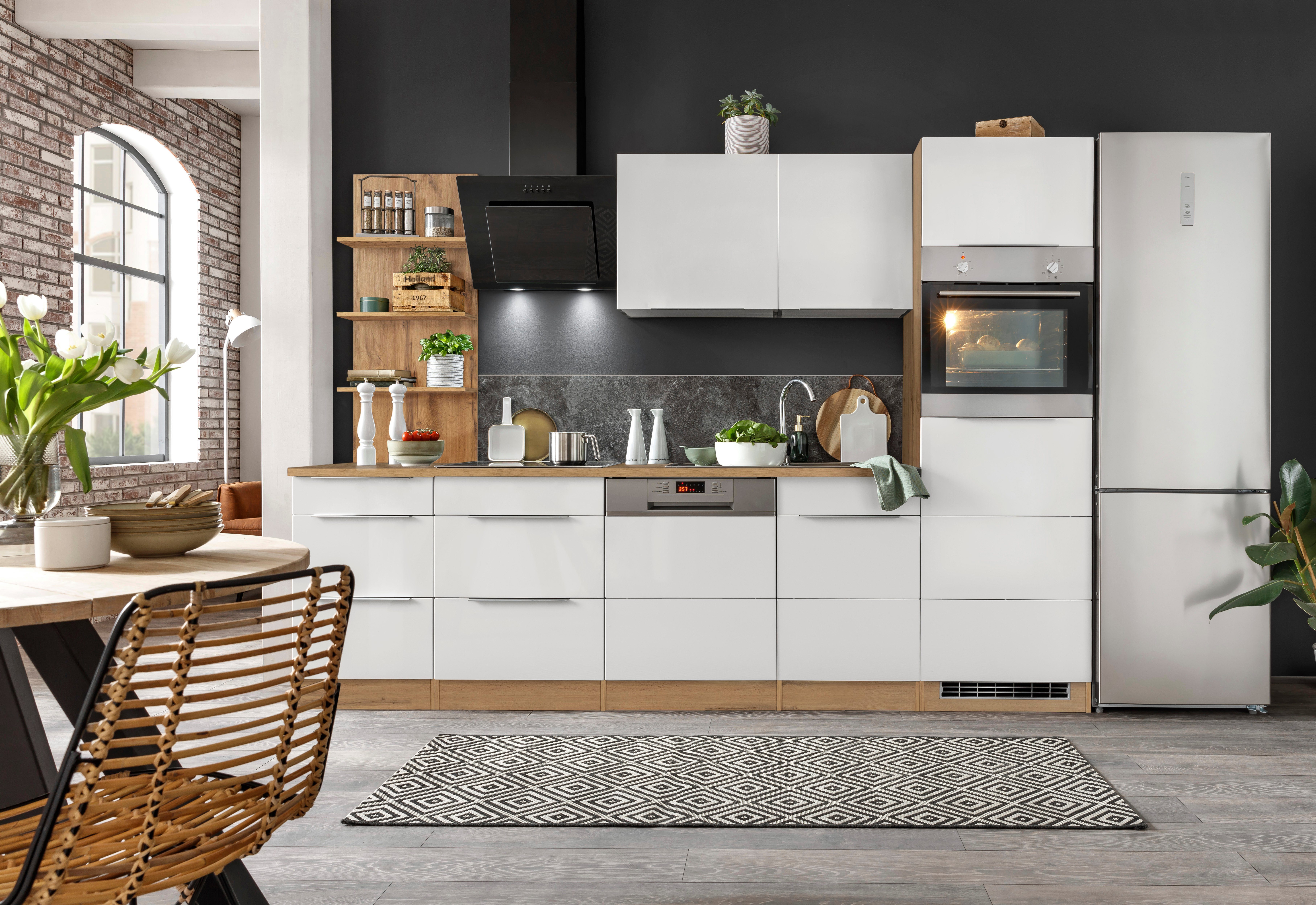 Brindisi, mit Hochglanz/wotaneichefarben E-Geräten, Breite HELD wotaneichefarben MÖBEL Küchenzeile 280 cm | weiß