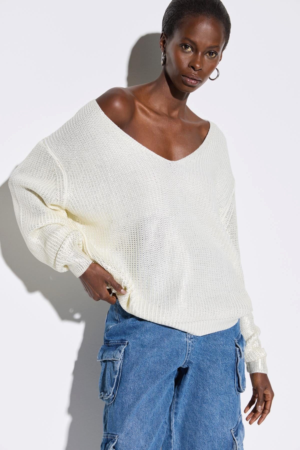 No Matter What Strickpullover V-Ausschnitt Folien-Print Strickpullover günstig online kaufen