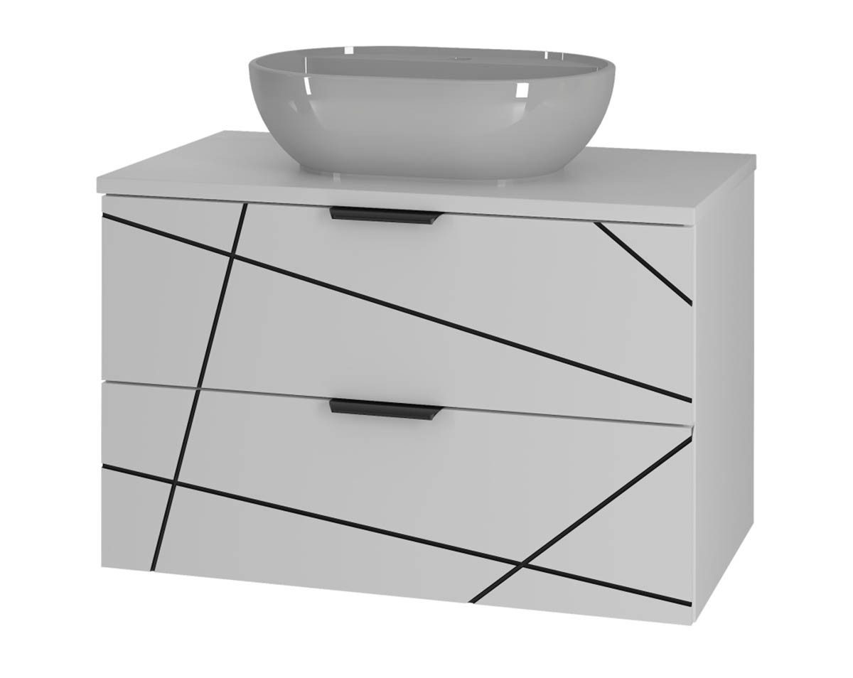 einfachgutemoebel Waschtisch-Set Badset 3-tlg. Waschtisch 80cm STRIATA, Matt-Weiß mit Aufsatzbecken, (Badmöbel Set, 1-St., Waschtisch Unterschrank)