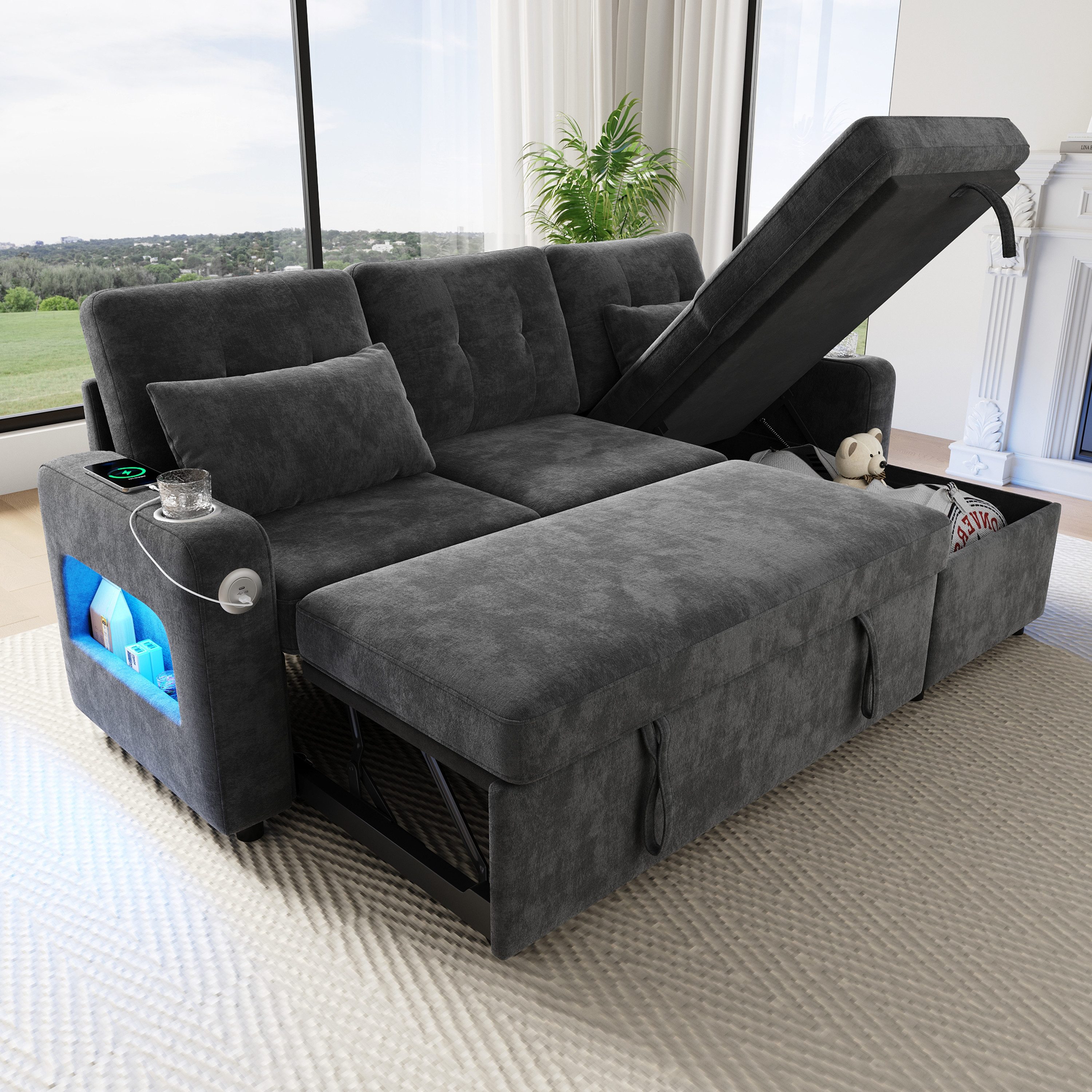 STILVORA Schlafsofa Ecksofa mit Schlaffunktion mit versteckter Stauraum USB ausziehbar, U‑Sofa mit Getränkehalter LED‑Lichtstreifen und Armlehnenfächern, für Wohnzimmer, Büro oder Gästezimmer