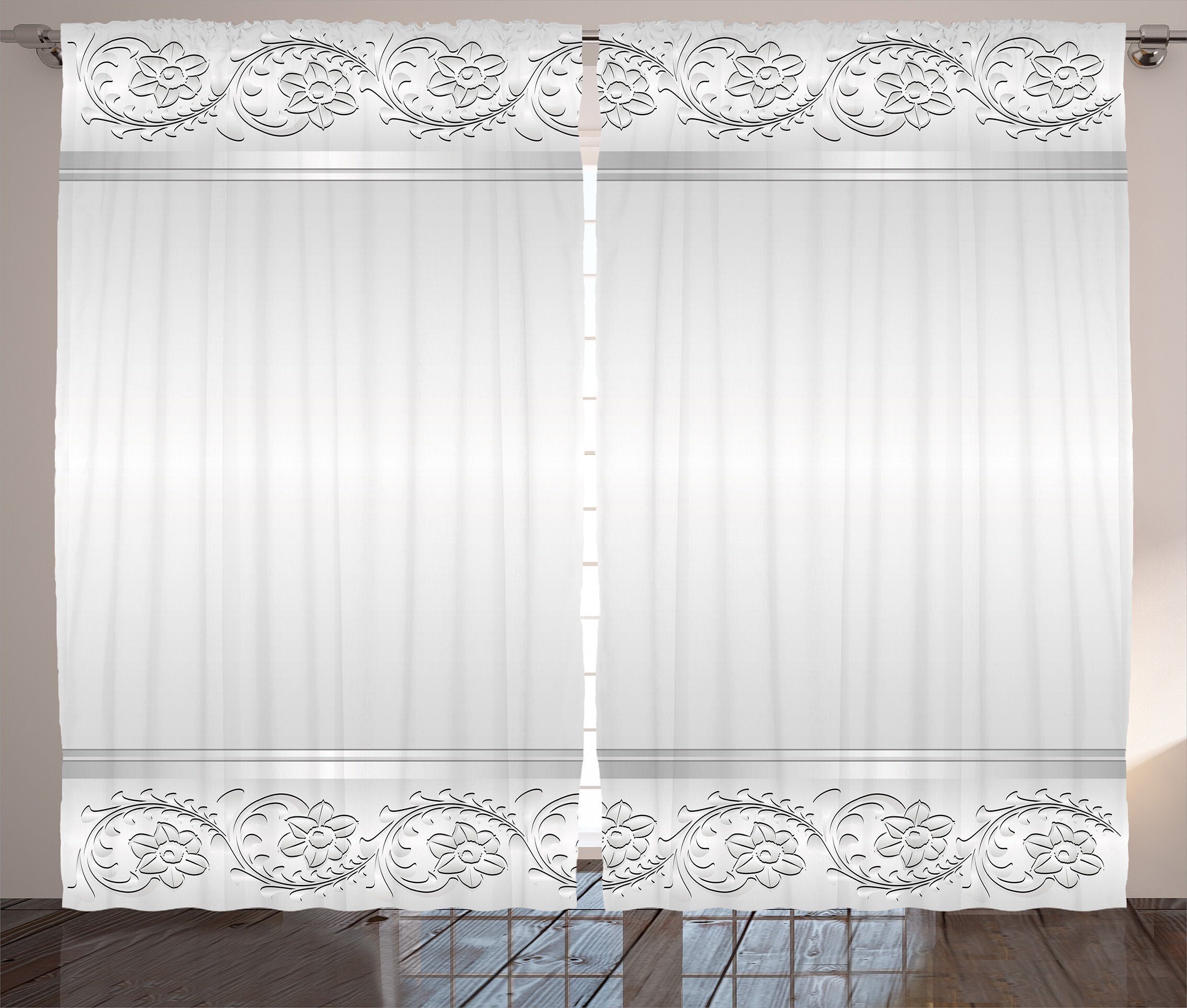Klassisches Schlafzimmer Brautblumenmotiv Silber Abakuhaus, Vorhang Haken, Gardine Schlaufen mit Kräuselband und