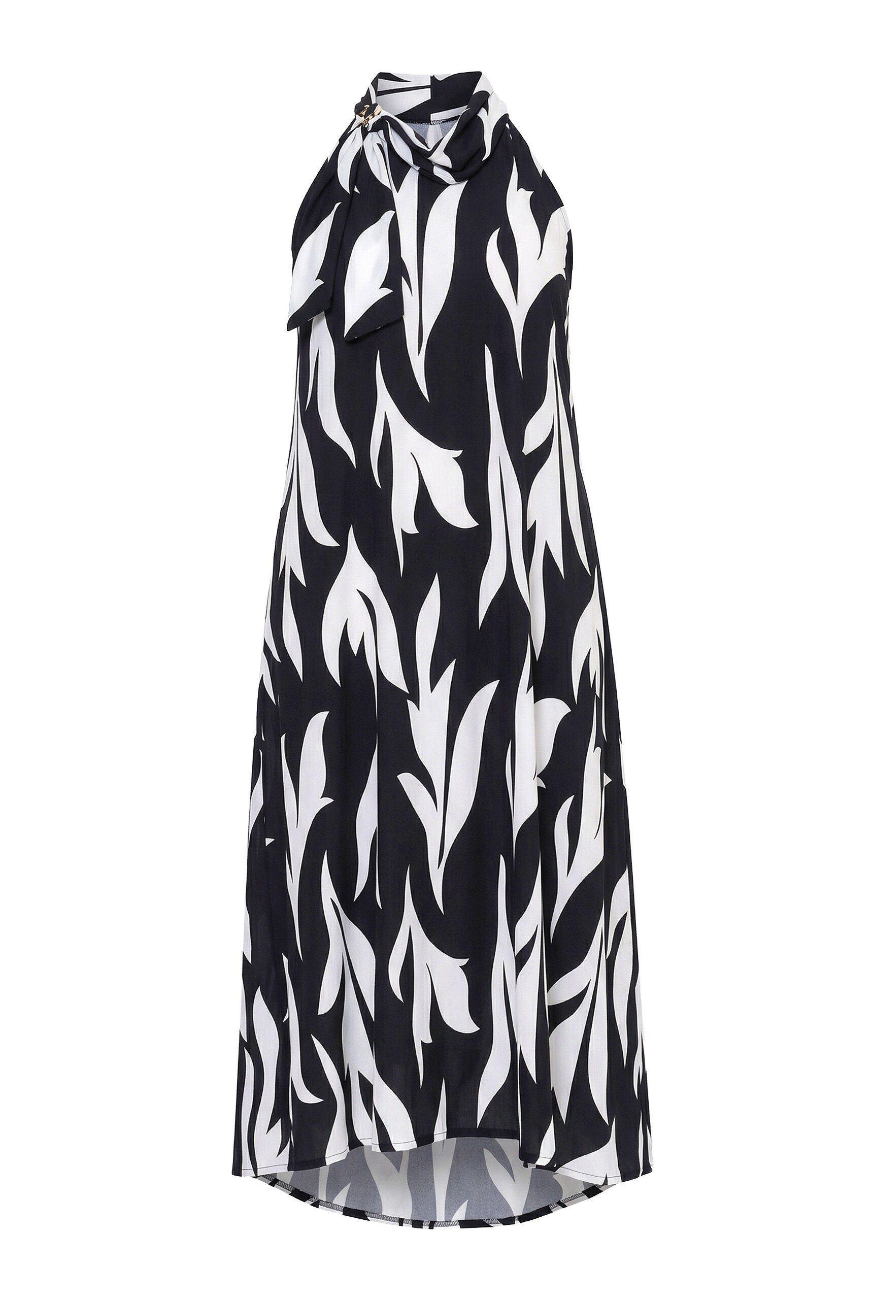 Ulla Popken Jerseykleid Maxikleid Blätter Stehkragen Zierspange ärmellos