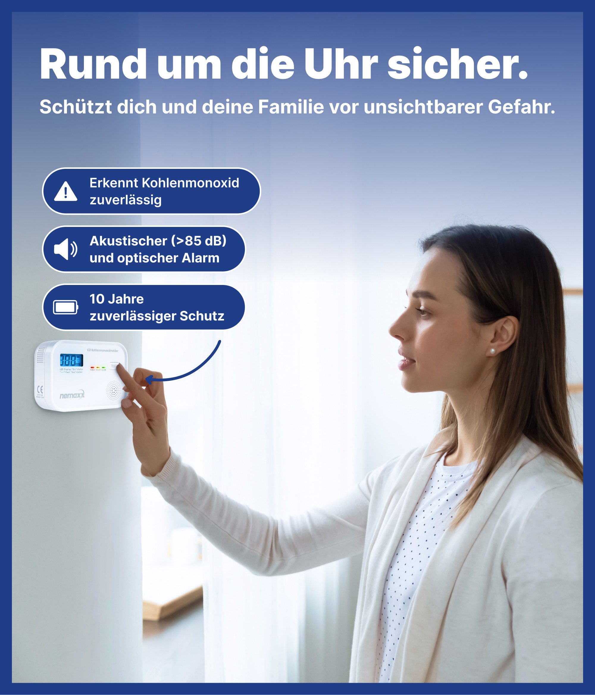 NEMAXX CM18 Kohlenmonoxid-Melder LCD 85 dB Alarm EN 50291-1:2018 Testtaste 1x CO-Melder (elektrochemischer Sensor, CO-Warnmelder für Zuhause & Heizungskeller)