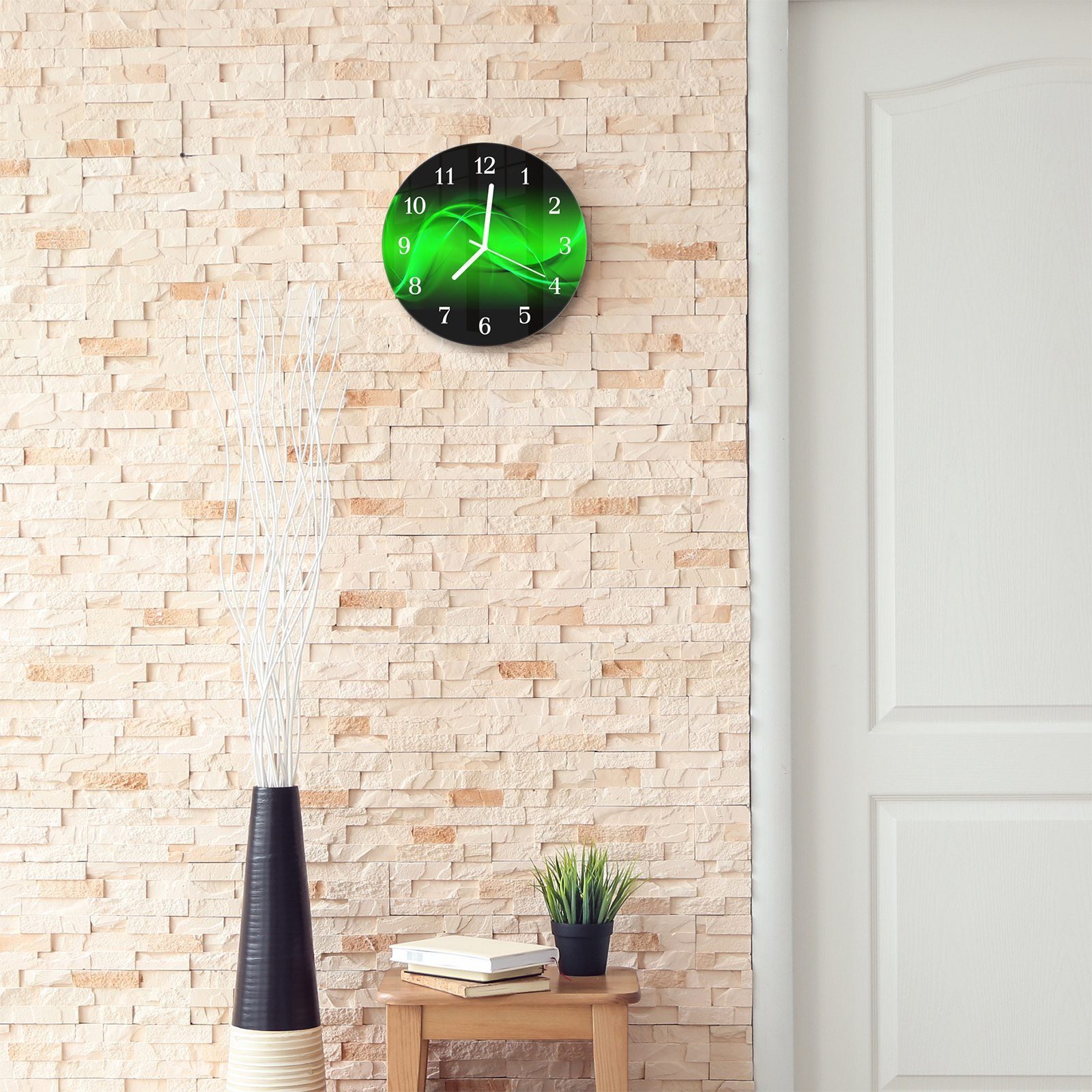 Motiv cm und Wellen Glas - Grüne Rund Primedeco mit Durchmesser aus Wanduhr mit Quarzuhrwerk 30 Wanduhr