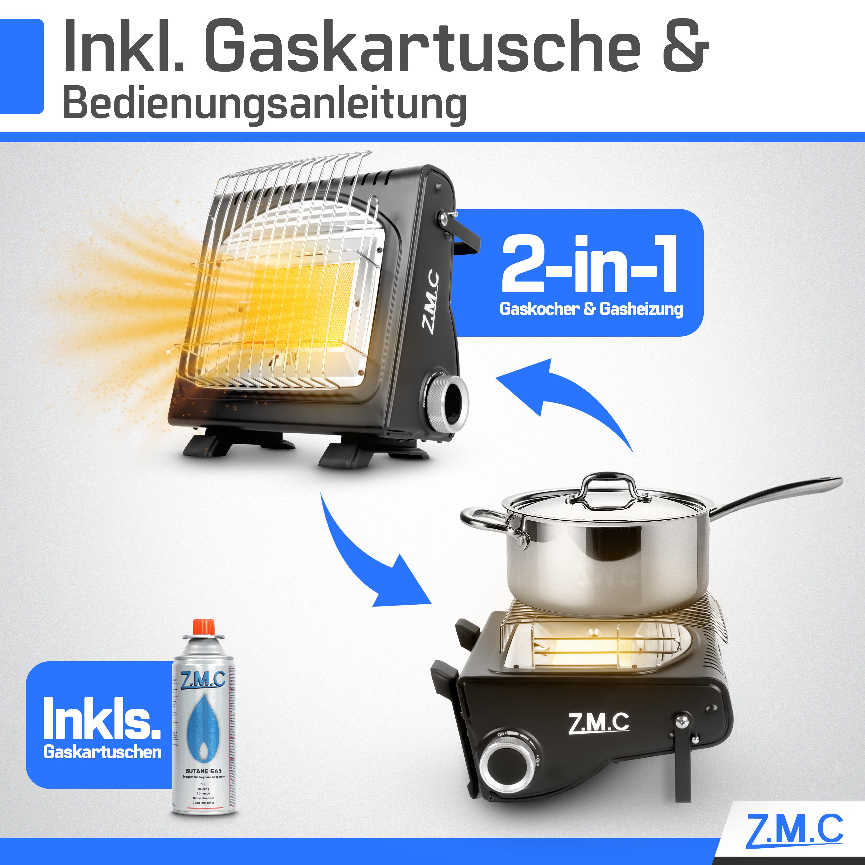 ZMC Heizstrahler 2in1 Tragbare Camping Gaskocher Gasheizung + 4x Gaskartuschen MSF-1A, 227g Camping Heizung Heizstrahler Zeltheizung Butangas Campingkocher
