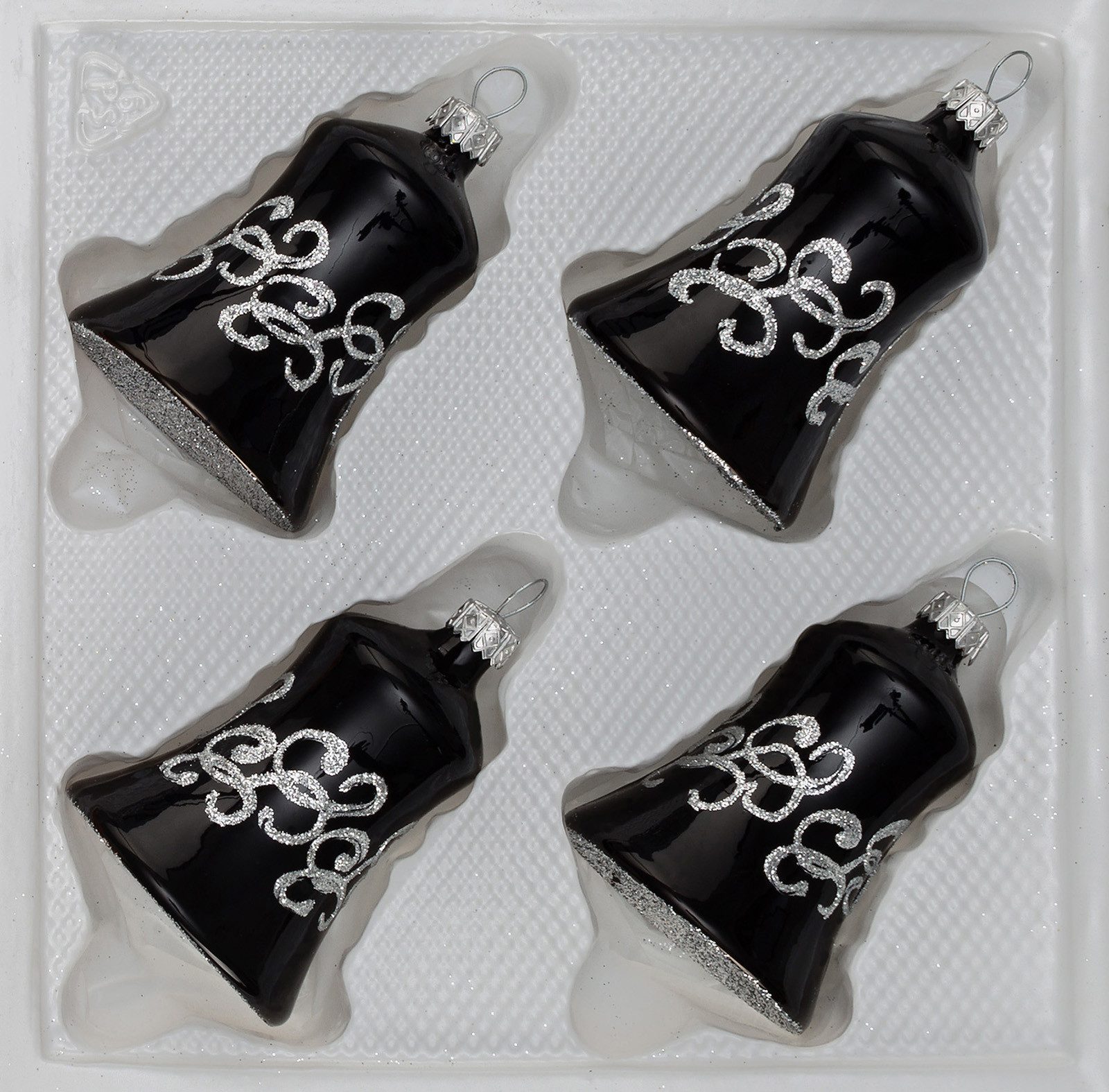 Navidacio Christbaumschmuck 4 tlg. Glas-Glocken Set in Hochglanz-Schwarz-Silberne-Ornamente