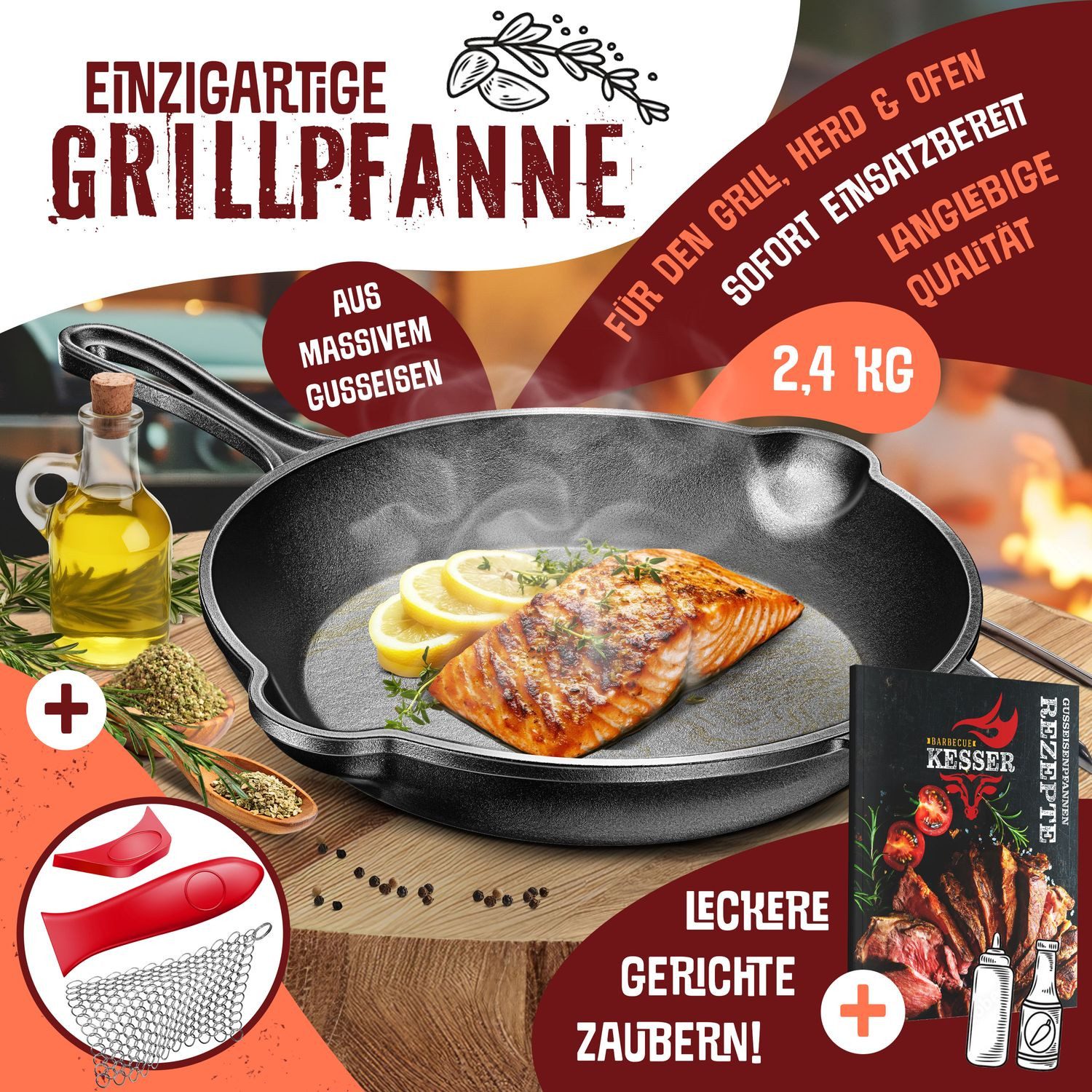 KESSER Grillpfanne, Gusseisenpfanne voreingebrannt Bratpfanne Gusseisen Steak Pfanne
