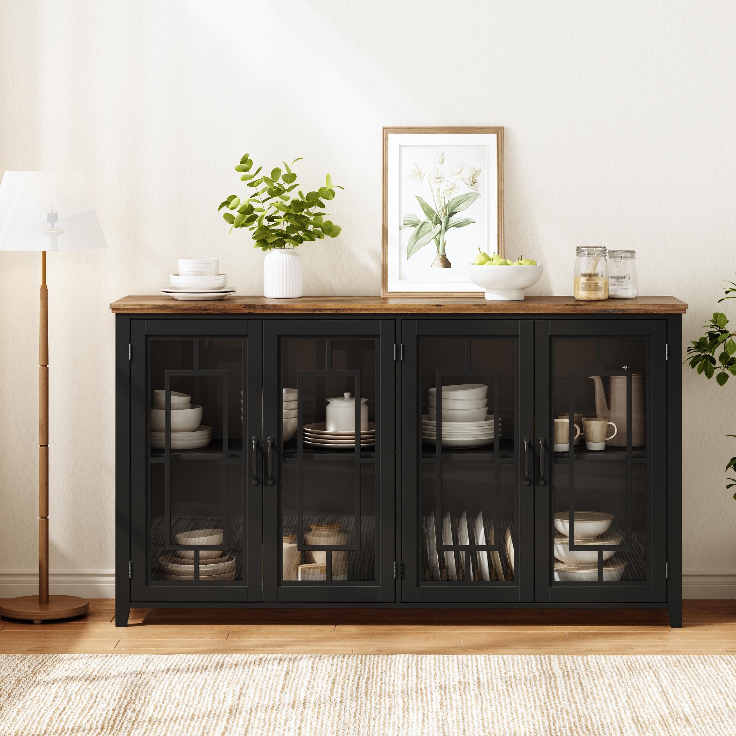 Flieks Sideboard Kommode mit 4 Glastüren und Arbeitsplatte in Holzoptik (160x40x86 cm, 1 St., Schrank für Esszimmer, Wohnzimmer und Schlafzimmer), Mehrzweckschrank Küchenschrank Multifunktionsschrank Schwarz