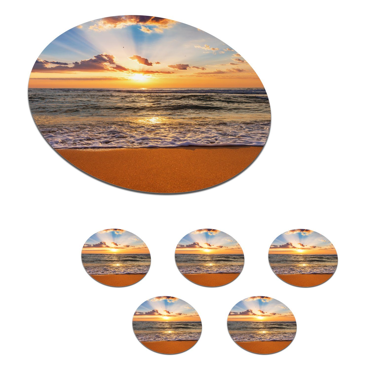 MuchoWow Glasuntersetzer Strand - Sonnenuntergang - Meer - Wolken - Horizont, Zubehör für Gläser, 6-tlg., Getränkeuntersetzer, Tassenuntersetzer, Korkuntersetzer, Tasse, Becher