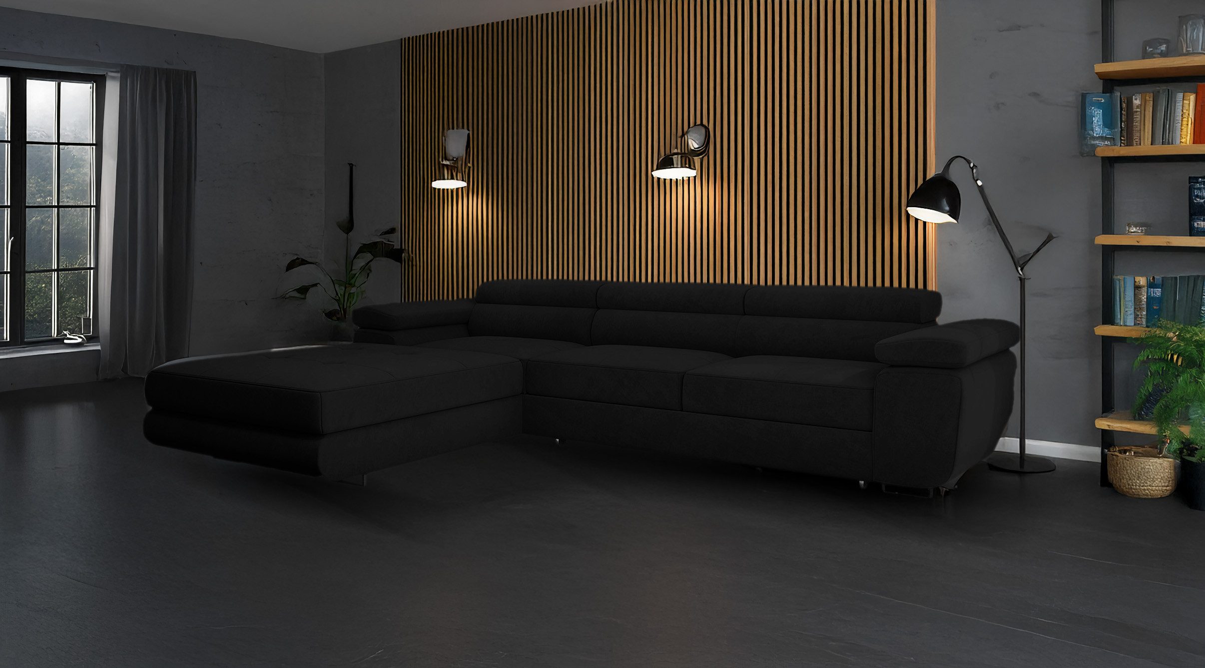 Goldstoff Ecksofa mit Schlaffunktion und Bettkasten, Designer Schlafsofa mit Bettkasten, Big Sofa - VENUS TWIN, Couch mit verstellbaren Kopfstützen in schwarz
