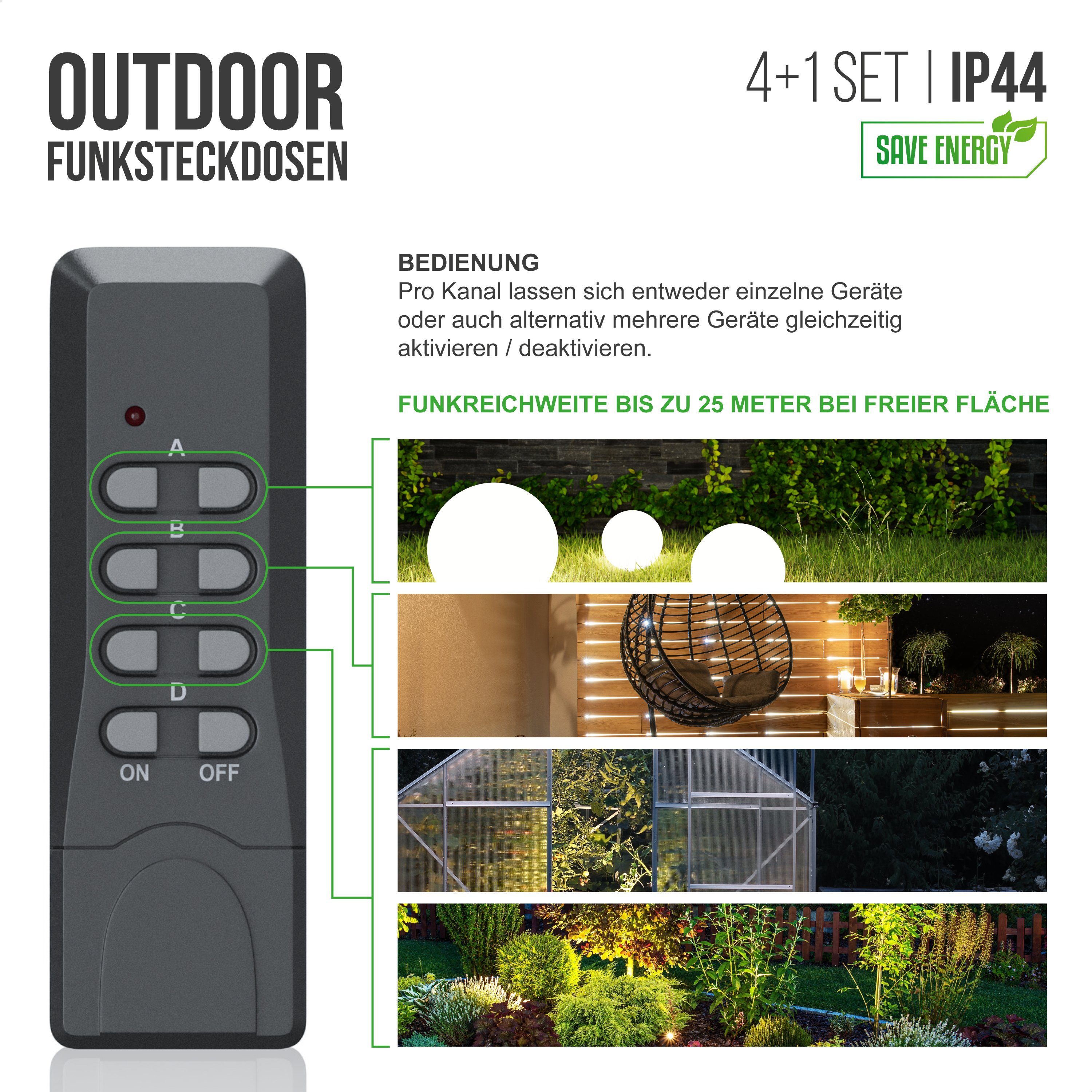 Arendo Funksteckdose, max. 1000 W, Outdoor 4x Funkschalter-Set für den Außenbereich, Fernbedienung, IP44