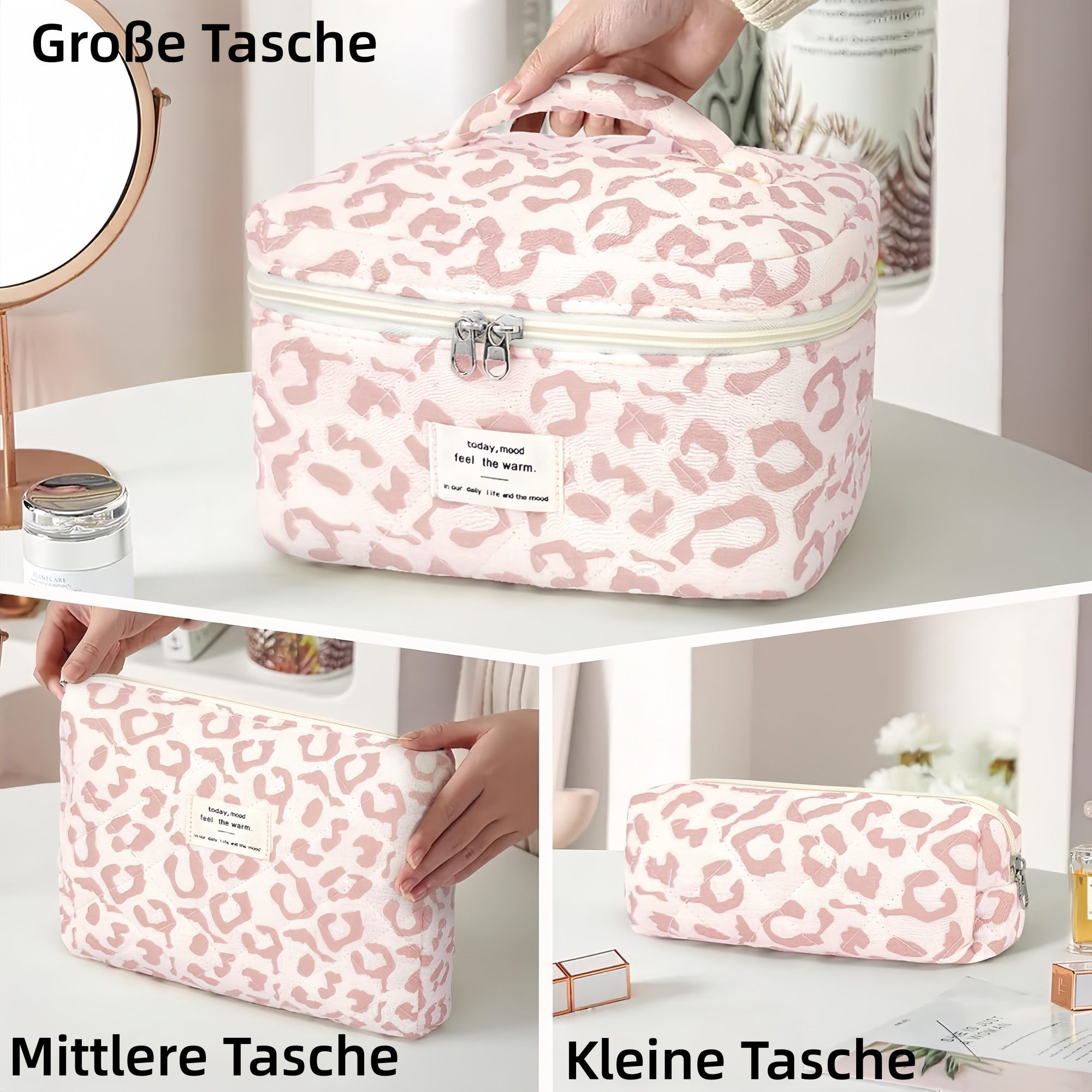 FOUORTUNATE-BEE Kosmetiktasche 3er Set Leopard Kosmetiktaschen für Damen (3-tlg), Klassische Kosmetiktaschen im Leopardenmuster für Frauen