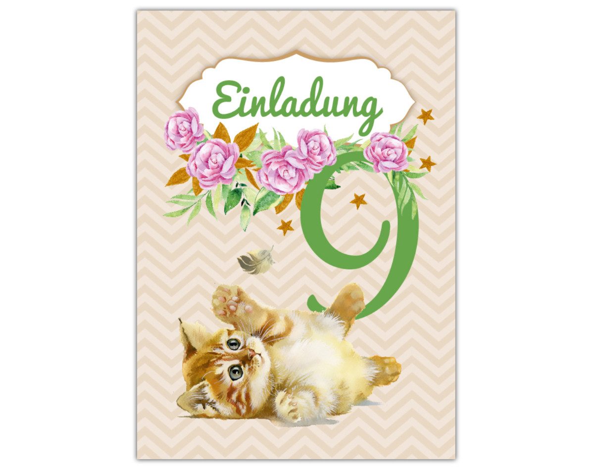 JUNAPACK Einladungskarten Katzen Einladungen zum 9. Kindergeburtstag Katzen Karten Mädchen, Einladungskarten mit einem Katzen zum neunten Geburtstag