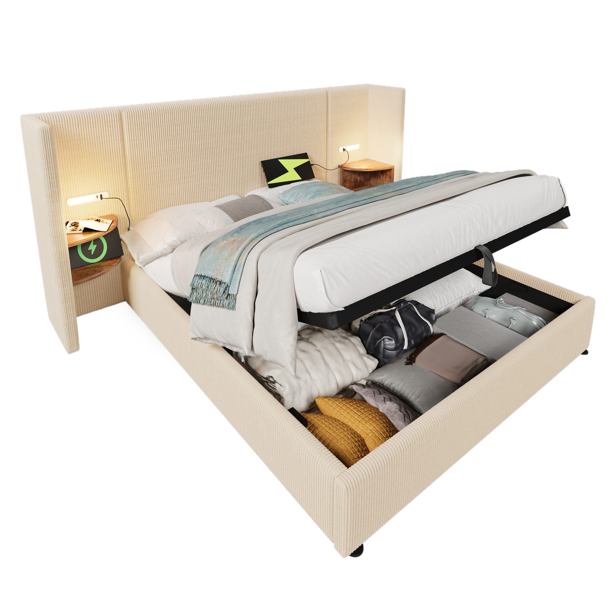 Jugendbett Polsterbett Doppelbett Nachttisch Bettanlage Stauraumbett 160/180
