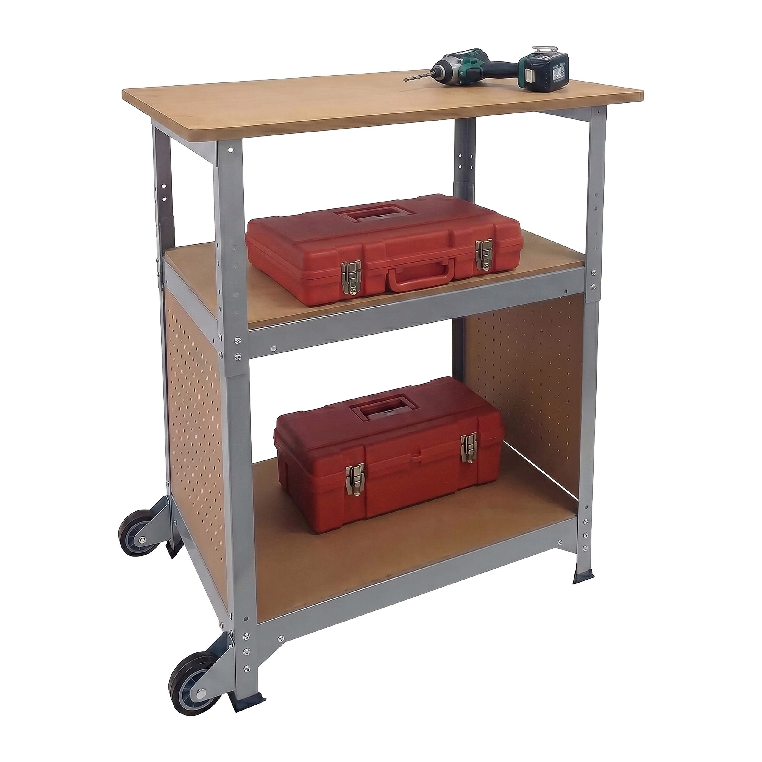 relaxdays Werkbank mit Rollen & Lochwand, silber