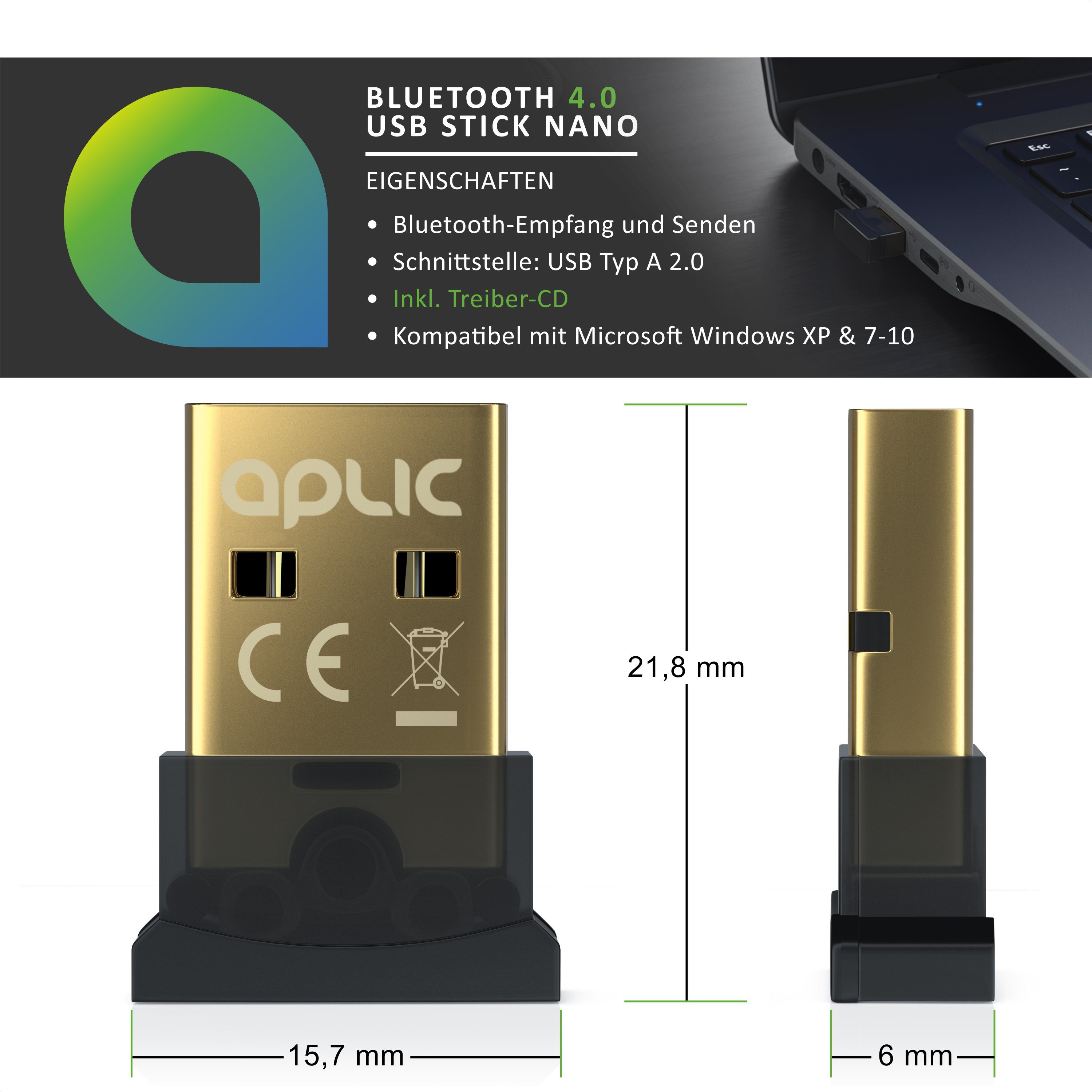 Aplic Bluetooth-Adapter, Bluetooth V4.0 USB Stick Bluetooth Adapter - bis zu 10m Reichweite