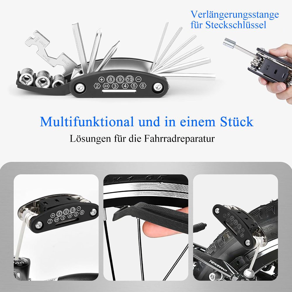 AFKSMILE Fahrradwerkzeugset Fahrrad Reparaturset, 16-in-1 Fahrrad-Multitool Satteltasche Fahrrad