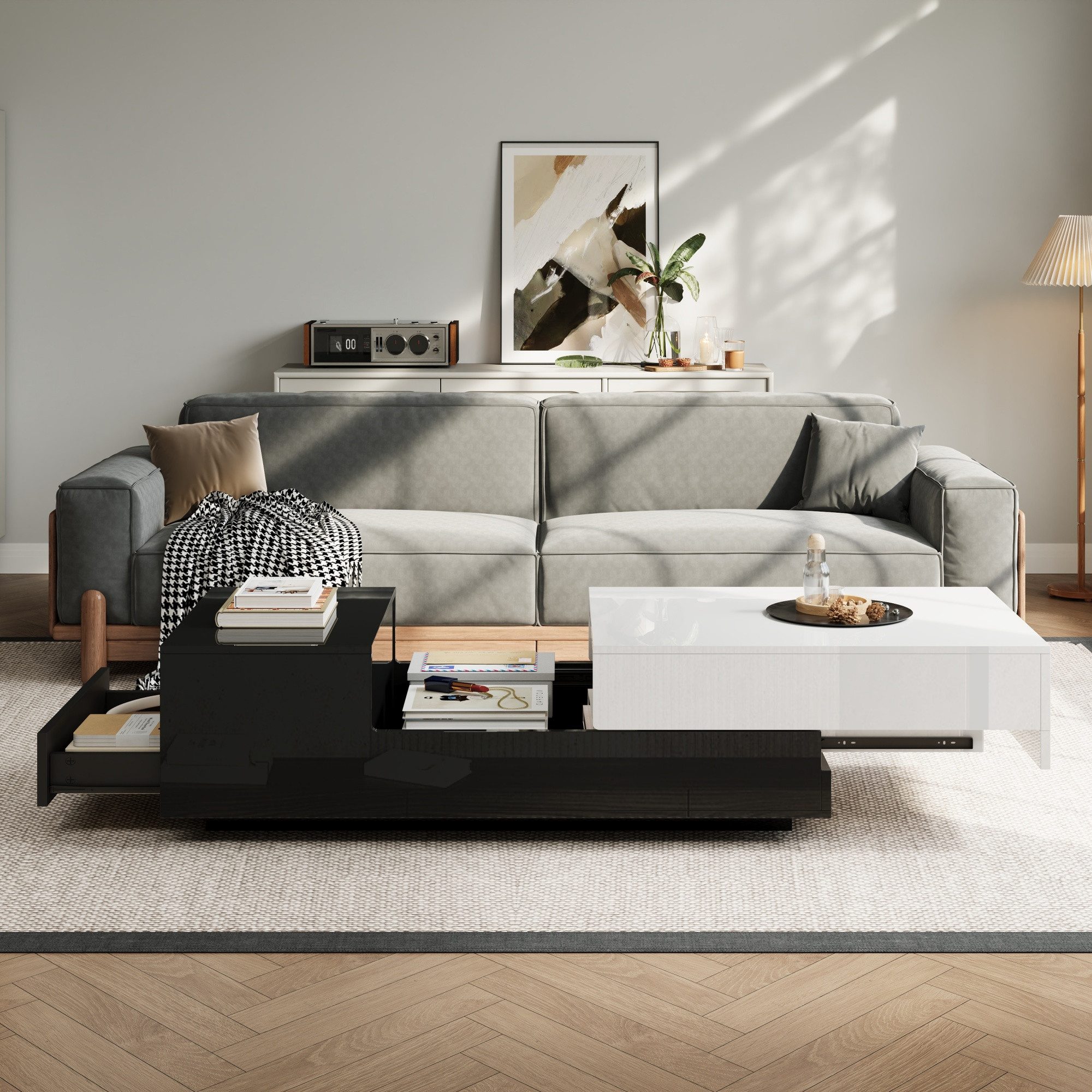 MODFU Couchtisch mit verstellbare Hebefunktion (Satztisch, Beistelltisch, 1-St., schwarz und weißem), mit doppelter Aufbewahrungsschublade