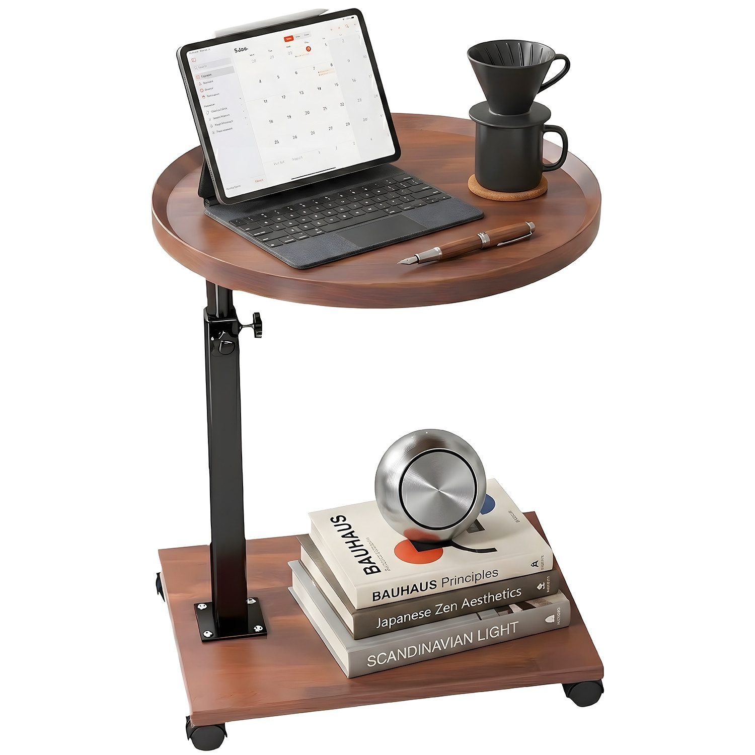 HEYHIPPO Beistelltisch Beistelltisch rund C-Tisch höhenverstellbar 45–80 cm, 40×40cm,Walnuss (Einfache Montage,wasserdicht,kompakt für Sofa,Nachttisch &kleine Räume), Runder Couchtisch auf Rollen,2 Ablagen,360° drehbar,mobiler Nachttisch