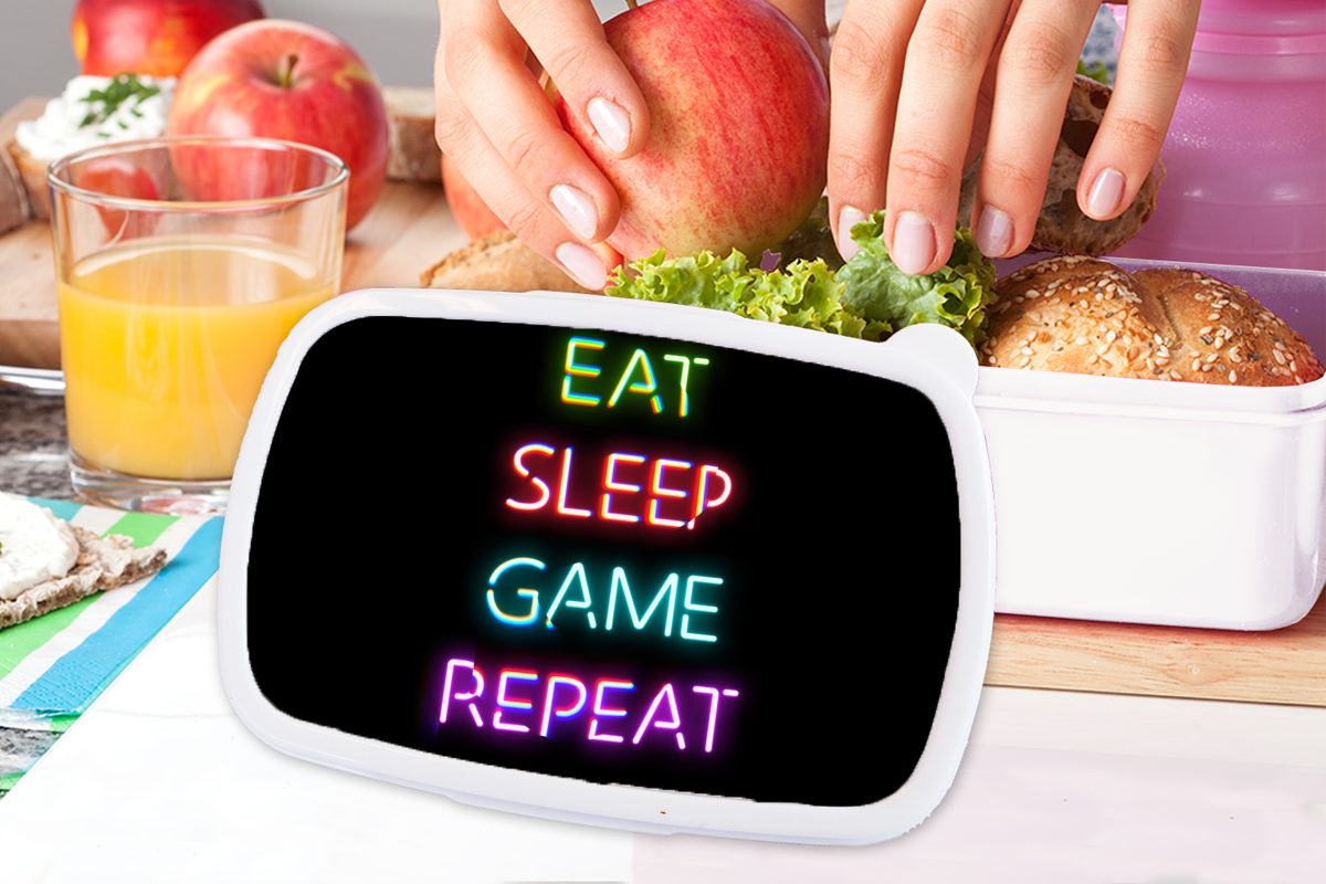 Brotbox (2-tlg), Erwachsene, weiß Led Zitat Brotdose, Kunststoff, repeat Jungs Gaming - Kinder und für und - - MuchoWow game Eat für Gaming, Lunchbox - sleep Mädchen