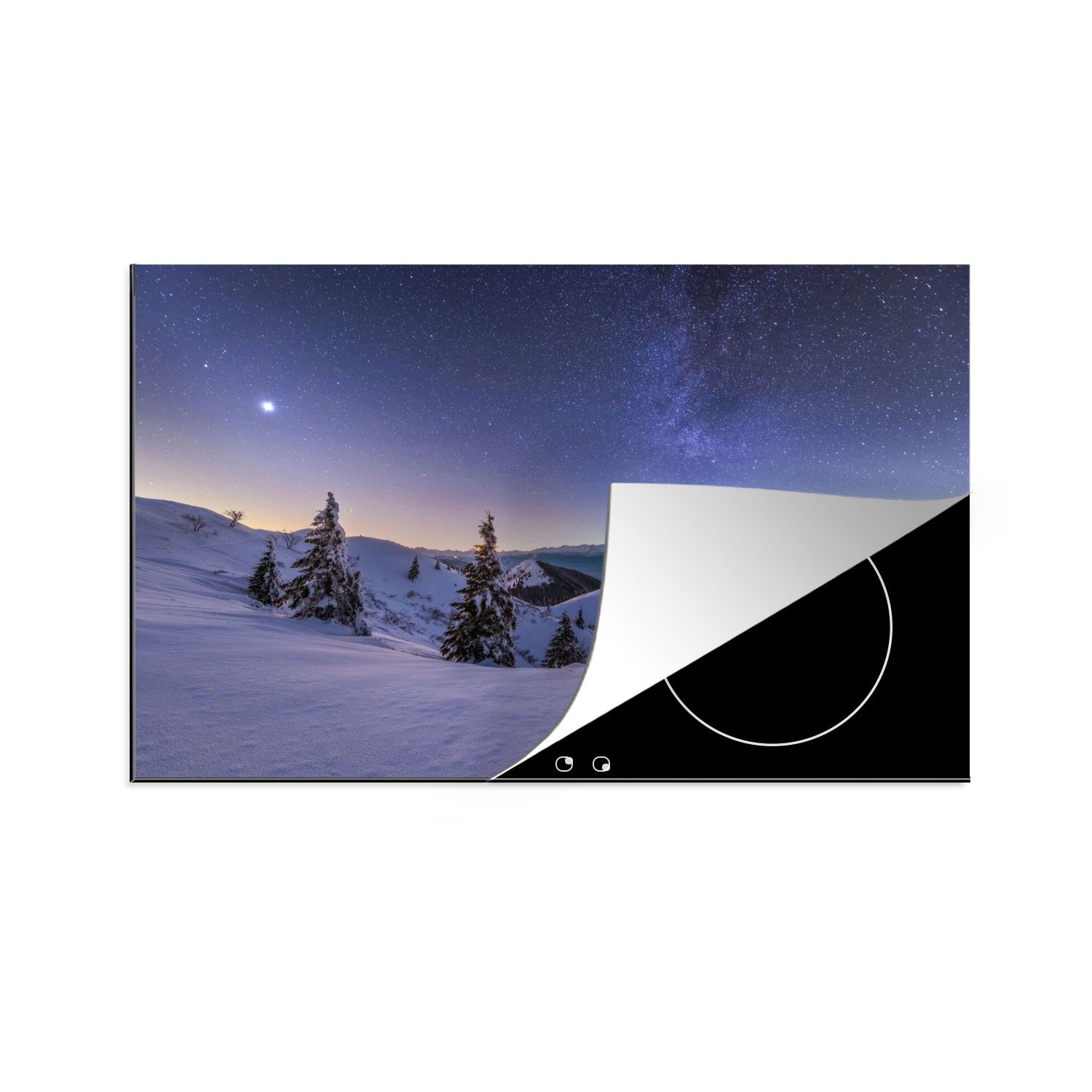 MuchoWow Herdblende-/Abdeckplatte Winter - Schnee - Nacht - Bäume, Vinyl, (1 tlg), 80x52 cm, Induktionskochfeld Schutz für die küche, Ceranfeldabdeckung | Herdabdeckplatten