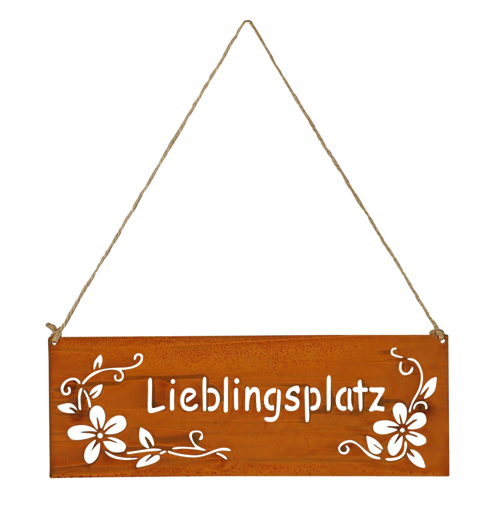 Levandeo® Dekohänger, Schild Lieblingsplatz 25x9cm Außen Gartendeko Rost Braun Blumen