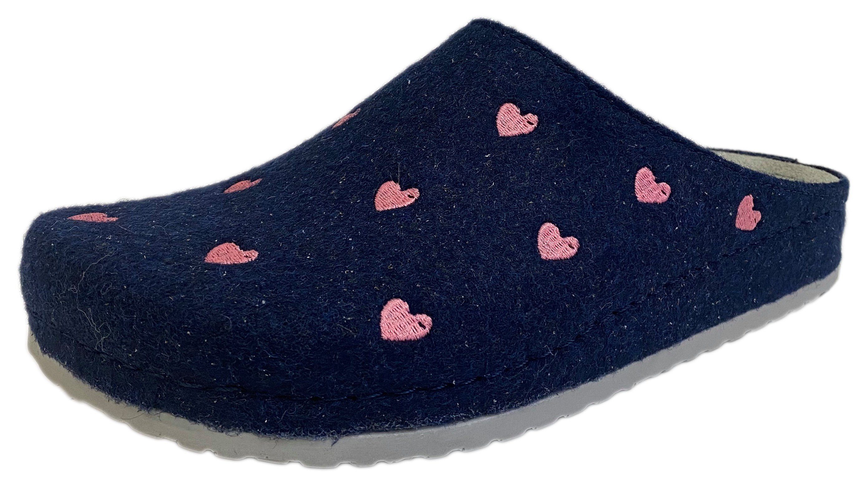 MUBB NANA Pantoffel mit kleinen Herzchen dunkelblau-rosa