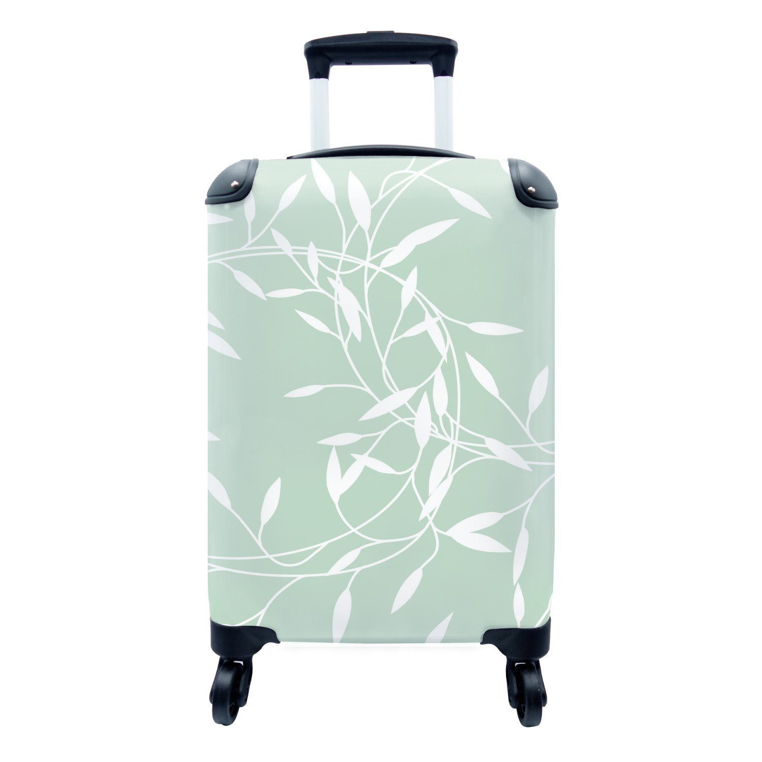 MuchoWow Handgepäckkoffer Äste - Weiß - Grün - Muster, 4 Rollen, Reisetasche mit rollen, Handgepäck für Ferien, Trolley, Reisekoffer
