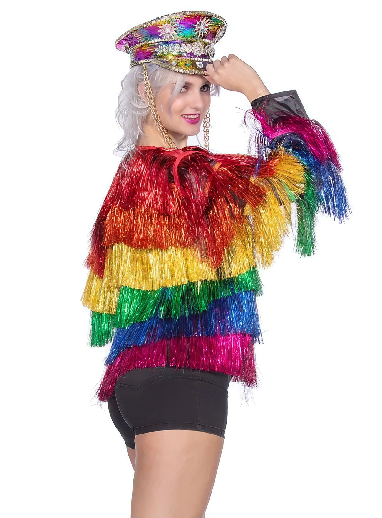 Metamorph Kostüm Glitzer Festivaljacke Regenbogen, Farbenfrohe Fransenjacke mit Lametta-Overload