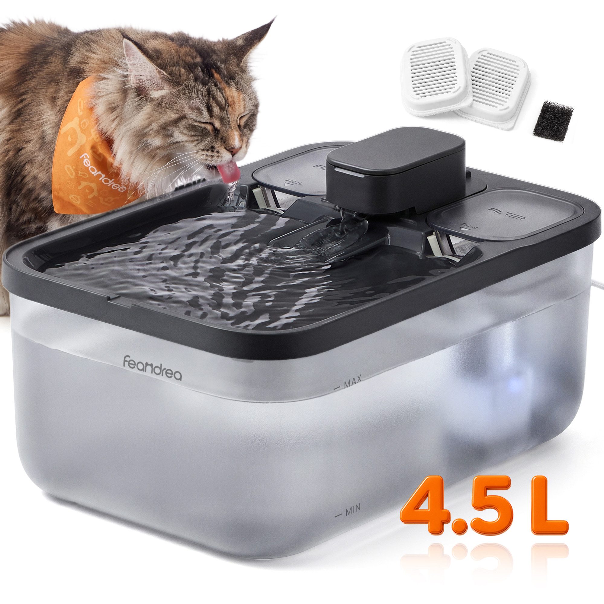 FEANDREA Trinkbrunnen Katzenbrunnen Trinkbrunnen, 4,5 L, 28,7 x 19,3 x 17,3 cm, für Katzen, mit 2 Filtern und 1 Schwamm von FEANDREA