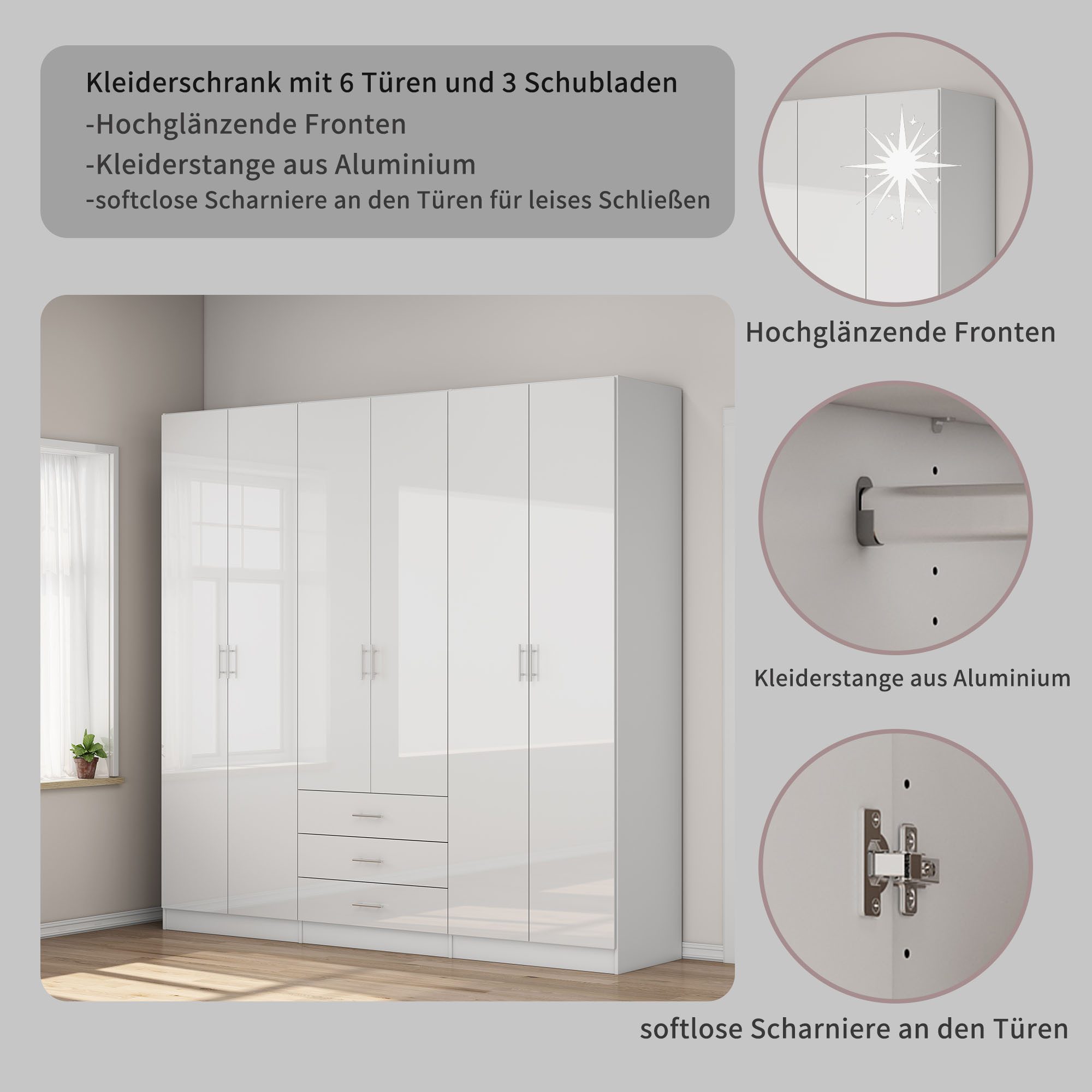 OTTO home Kleiderschrank Trento Schlafzimmerschrank Garderobe hochglanz (in 2 unterschiedlichen Schrankhöhen wählbar) Schrank mit 6 Türen und 3 Schubladen, hochglanz Fronten, Höhe 2,39m