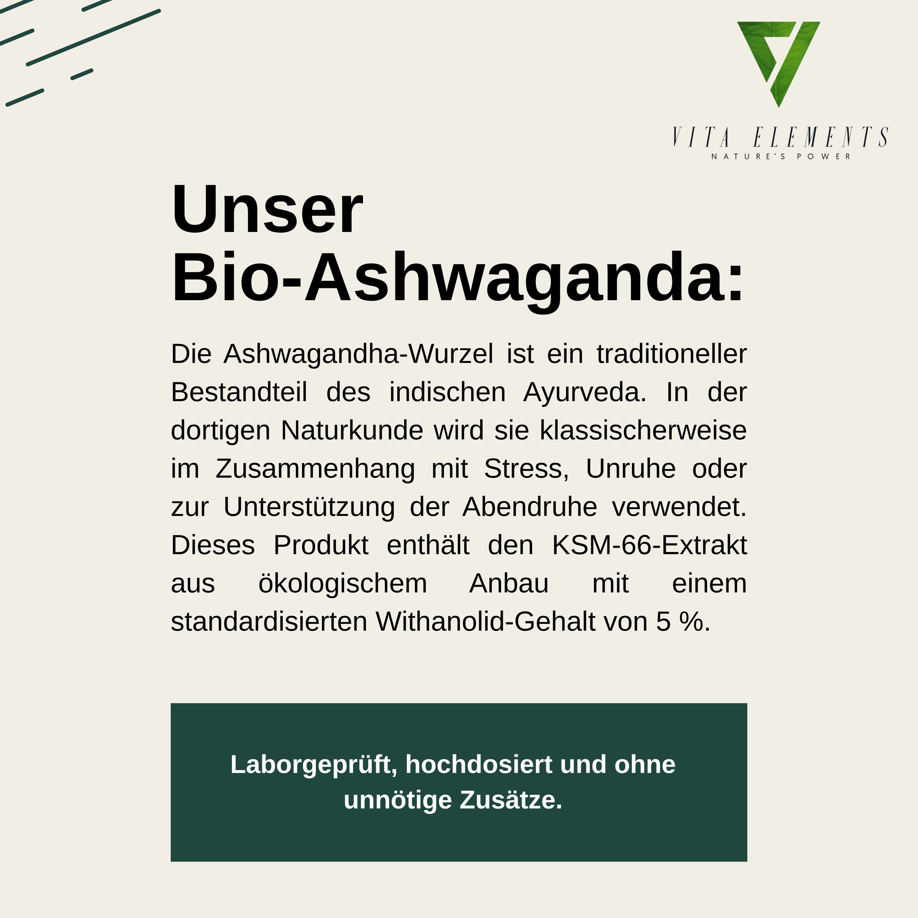 Vita Elements Bio Ashwagandha (KSM-66) Kapseln, 180 St., Vegan Frei von Gentechnik Ohne unnötige Zusätze Laborgeprüft