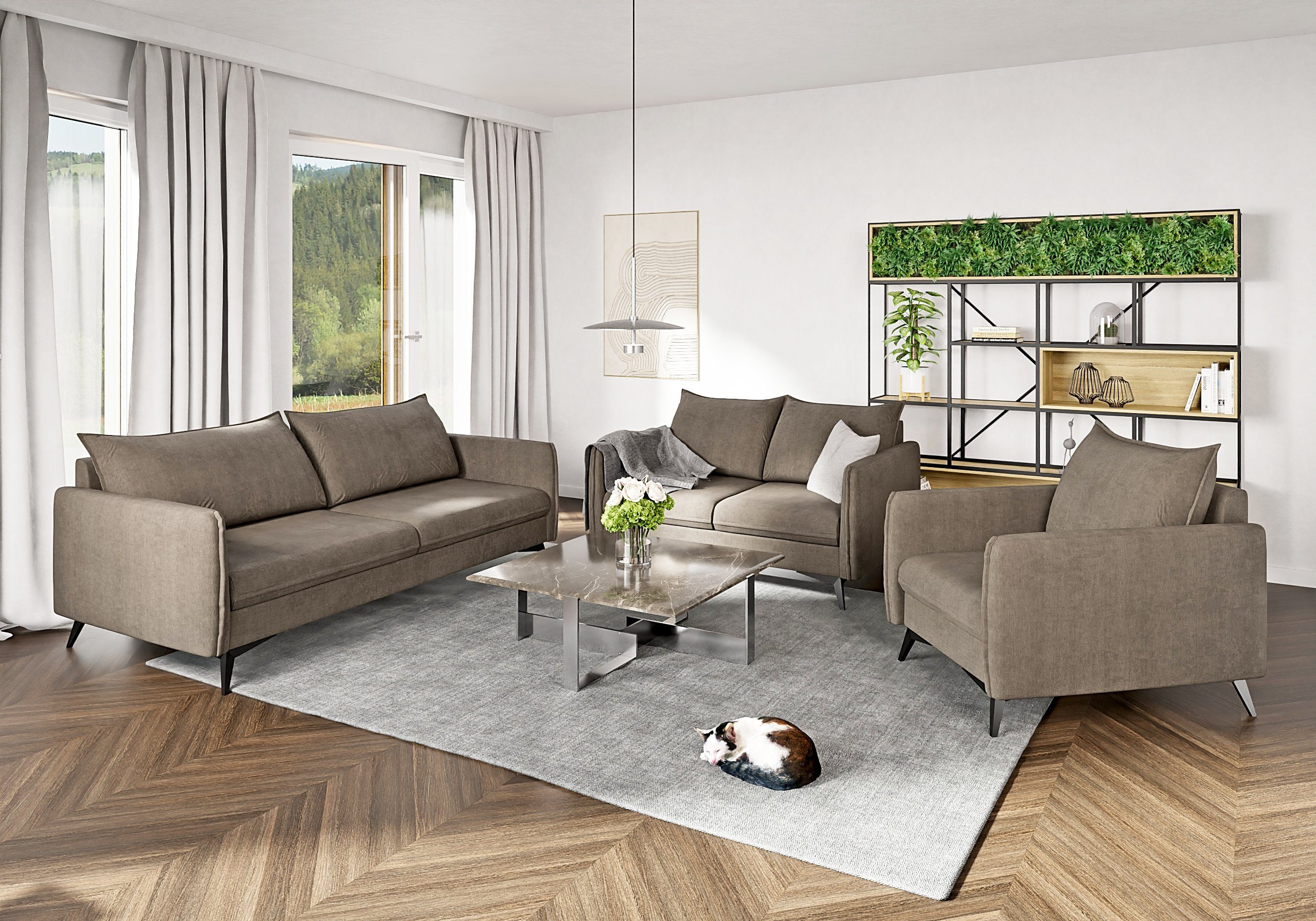 Wellenfederung mit Modernes 3+2+1 1x S-Style Metall 2-Sitzer-Sofa, Azalea (1x Möbel Schwarz Sessel), Füßen, Polstergarnitur mit 3-Sitzer-Sofa, 1x Dunkelbeige