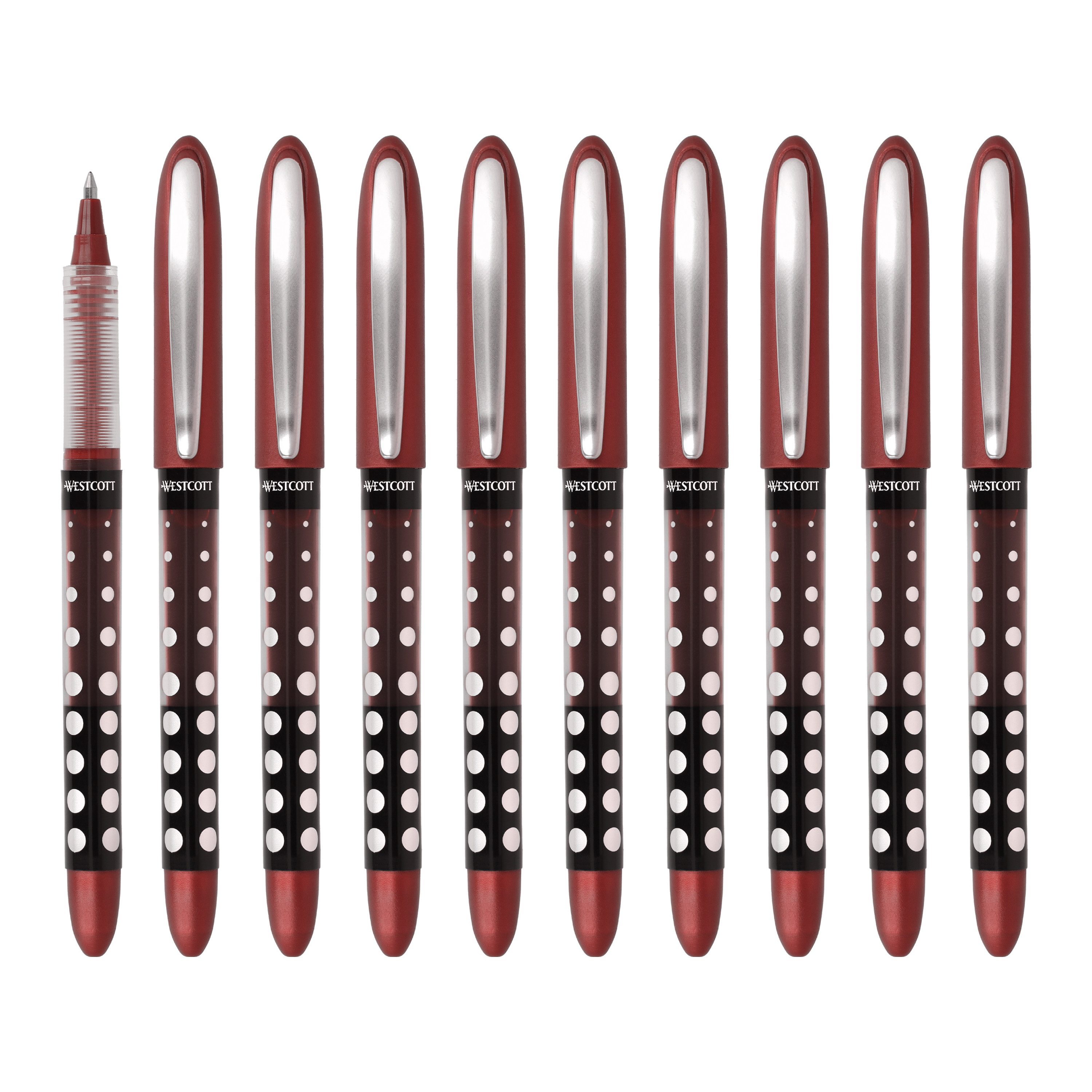 WESTCOTT Tintenroller Rot 10 Stück, Rollerball Pen mit roterTinte, 0,5 mm Strichstärke, (Vorteilspack, 10-tlg), transp. Füllstandsanzeige, Kapillartechnologie, ergonomischer Griff